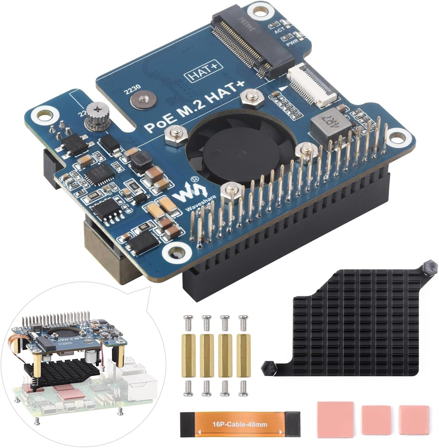 Wavesharr PI 5 Hat+,Pcie to M.2 Adapter with Poe Function for Raspberry Pi 5, Supports Nvme Protocol M.2 Solid State Drive, High-Speed Reading/Writing, Raspberry Pi 5 Poe HAT image number 2