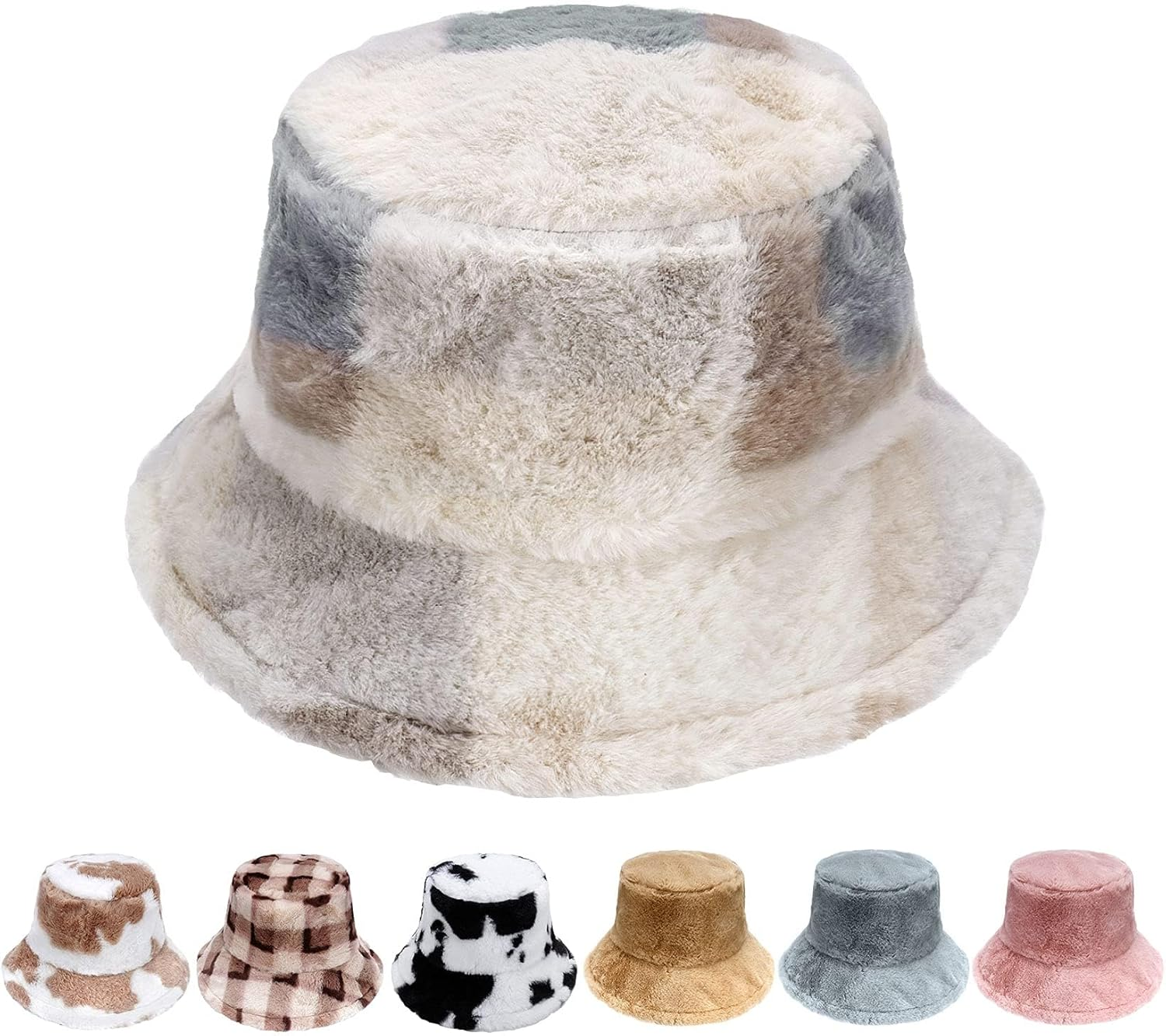 Hebenie Winter Bucket Hat - Women Fluffy Fisherman Hat Soft Faux Winter Fuzzy Furry Warm Thicken Wide Brim Plush Hat for Women Girls