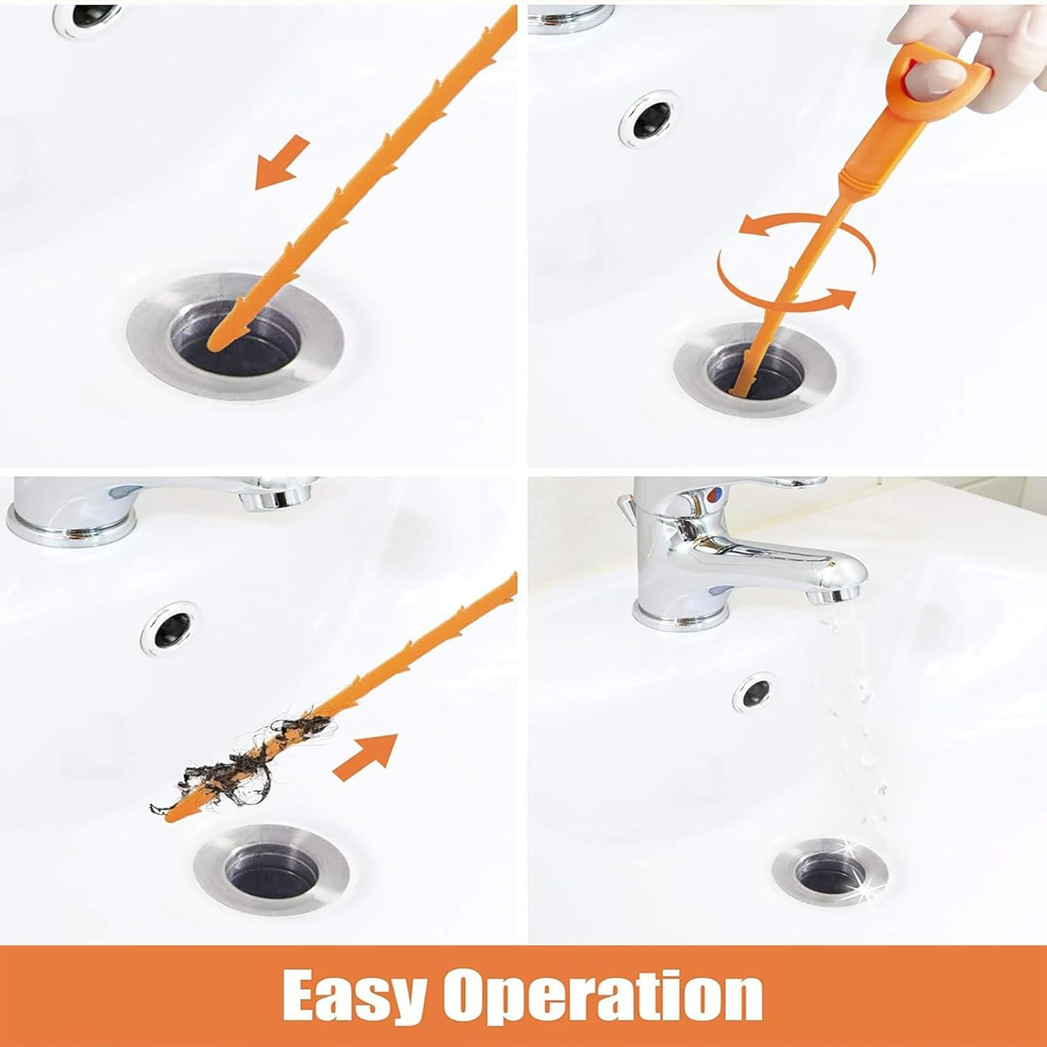 Professional Drain Clog Remover Kit (3+1) - 90CM Stainless Steel Claw & 3X51Cm Plastic Sink Uncloggers | Multi-Surface Hair Clog Tool for Bathroom, Kitchen, Tub & Toilet (Orange) image number 1