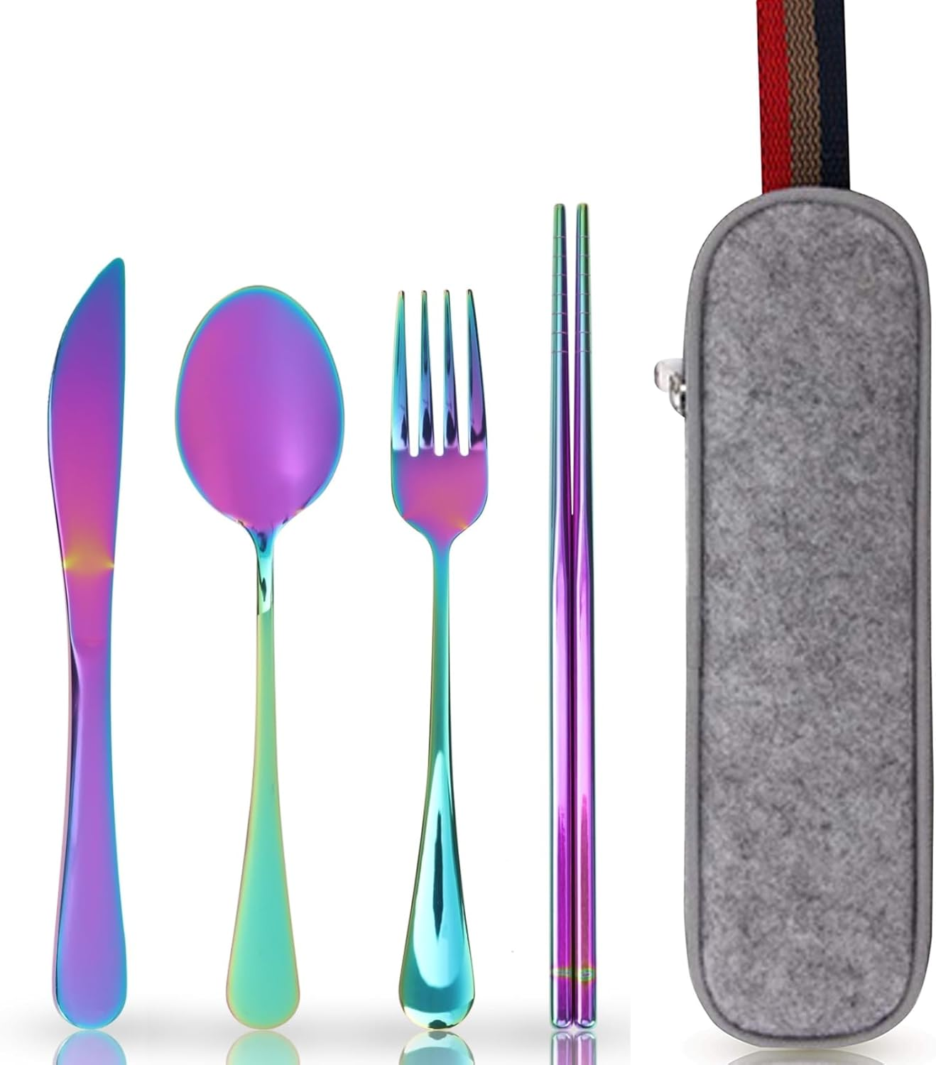 Travel Cutlery Set Portable Cutlery Set Camping Utensils Set Including Knife Fork Spoons Straws Chopsticks Cleaning Brush Reusable Stainless Steel Flatware Set (Sliver)