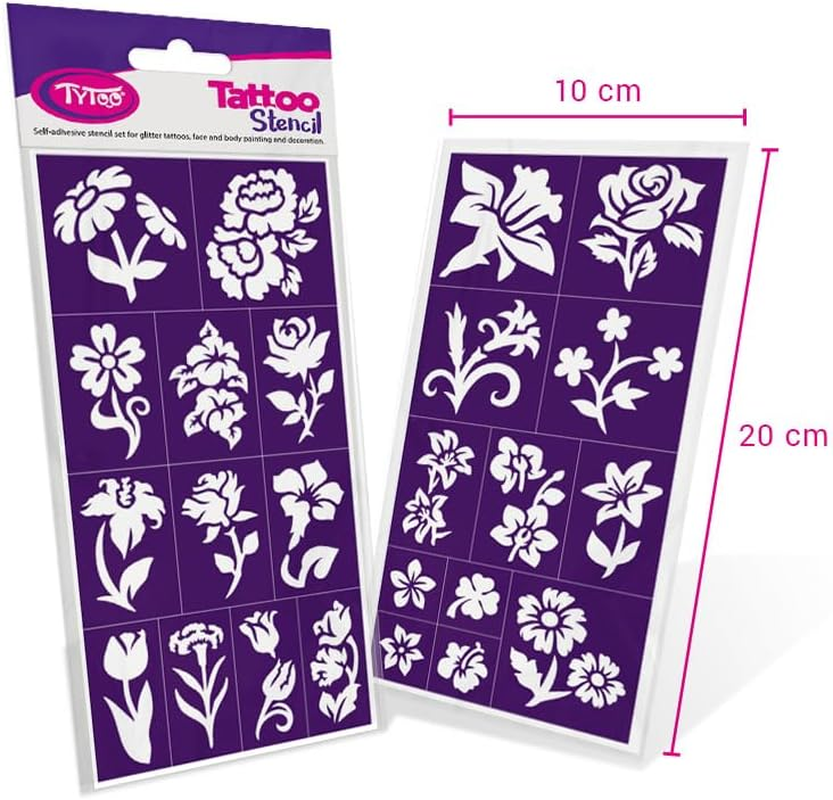 Tytoo Glitter Tattoo Stencil Set - Reusable Templates for Children & Adults - EU Design, Skin-Friendly, Perfect for Parties, Children'S Make-Up & Body Painting (Flowers) image number 5