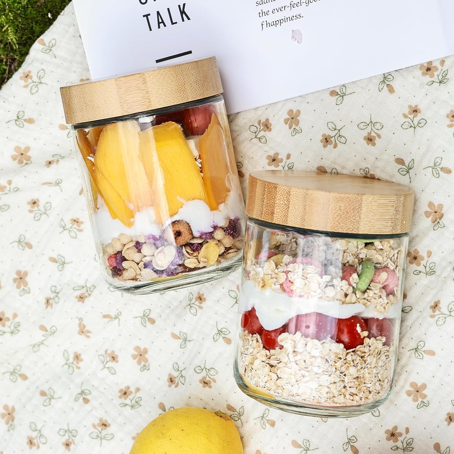 6PCS 16Oz Overnight Oats Containers with Bamboo Lids, Glass Jars with Airtight Lids, Wide Mouth Mason Salad Jars, Glass Food Storage Containers for Spice Sugar Snacks Yogurt