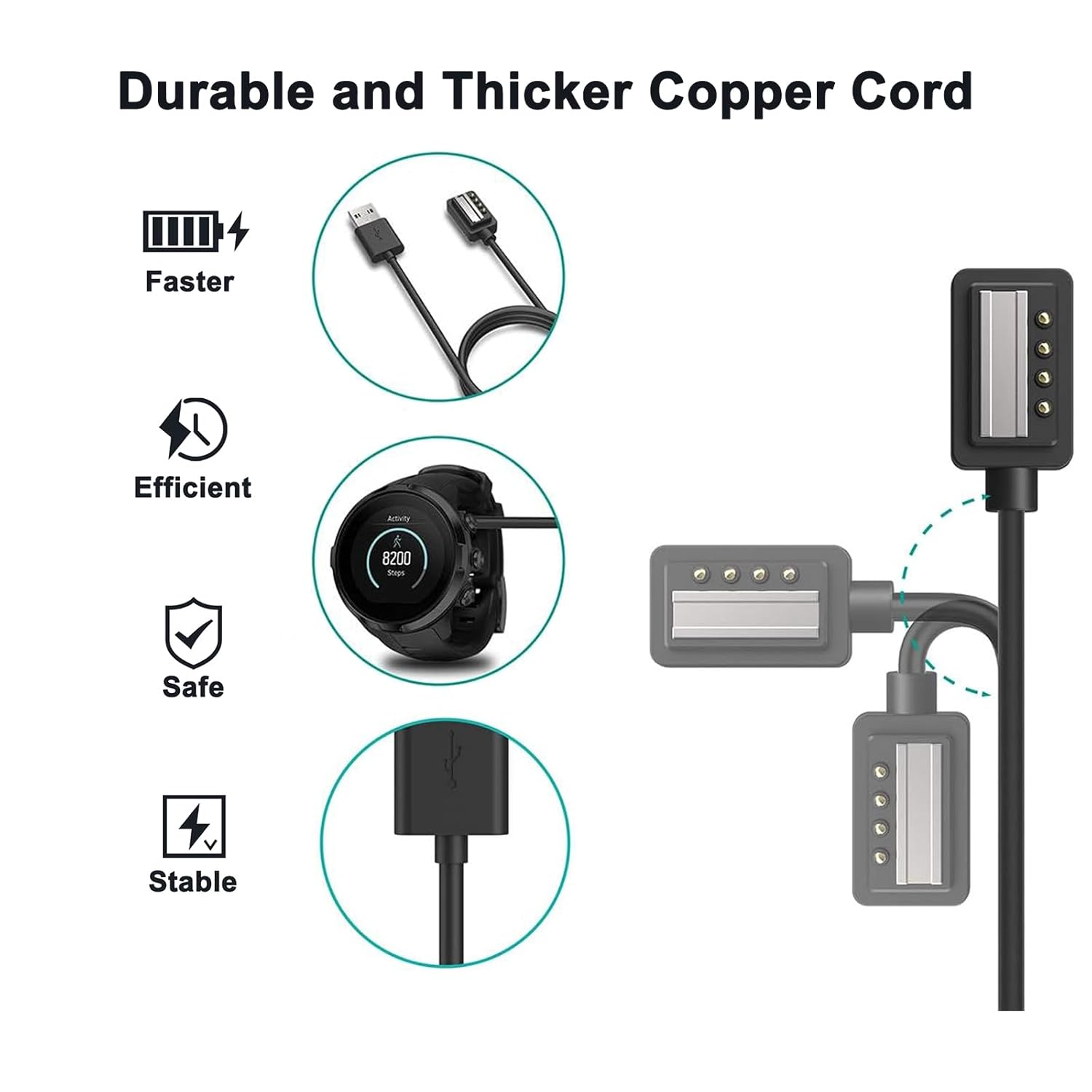 1M Long Magnetic Charger for Suunto 9 & Spartan Ultra & Spartan Sport Wrist HR, 100Cm/3.3Ft Replacement USB Charging Cable Dock image number 2