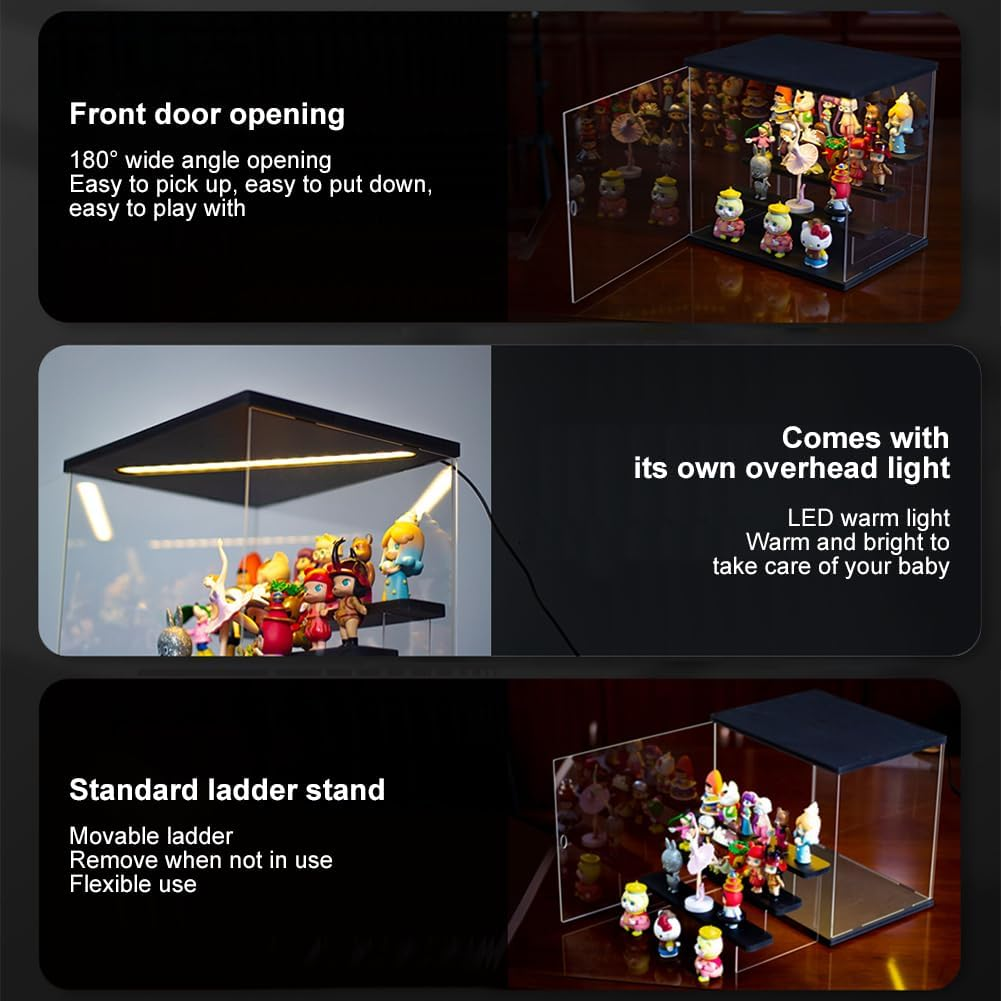 Clear Acrylic Display Case with 3-Color Light,4 Level Stand Display Box with Wooden Base Countertop Dustproof Showcase for Display Collectible Pop Figures and Toys,Toys Not (4 Tier Black) - 4 Tier Wood image number 2