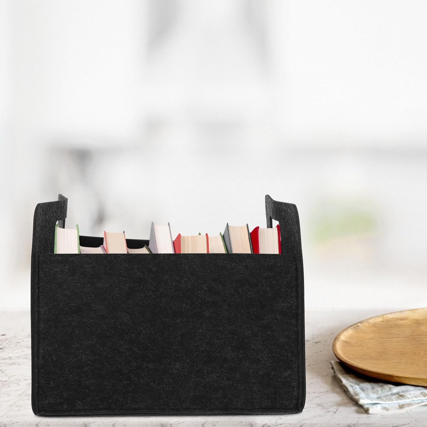 CHICAMPERA Foldable Felt Storage Basket with Handles, Collapsible Fabric Bin for Books, and Office Organization, Deep Grey Felt Basket for Home, Classroom, and Shelf Storage image number 1