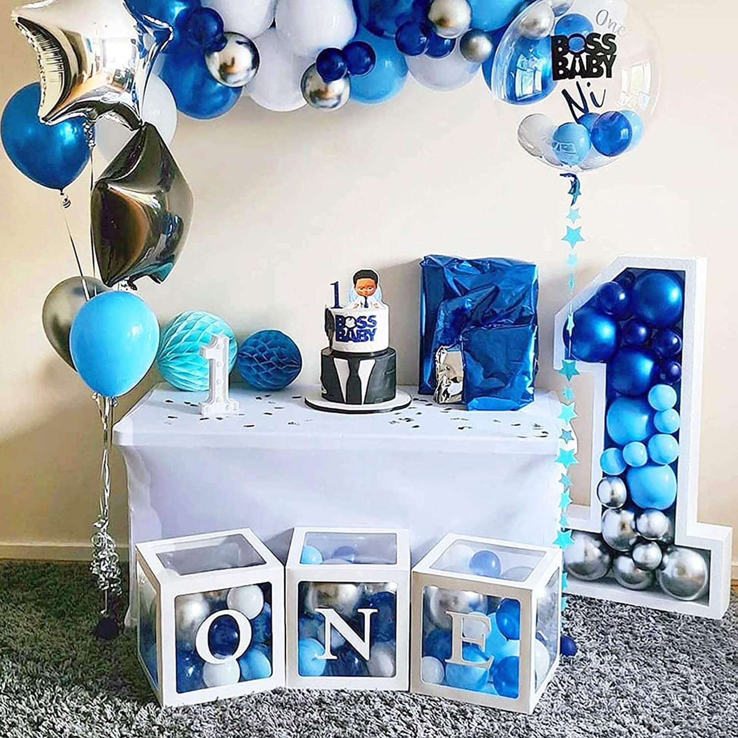 DAWNTREES First Birthday Decorations for Boy or Girl, 3 Pcs ONE Balloon Boxes for 1St Birthday, Baby Clear Blocks Party Decor&hellip;
