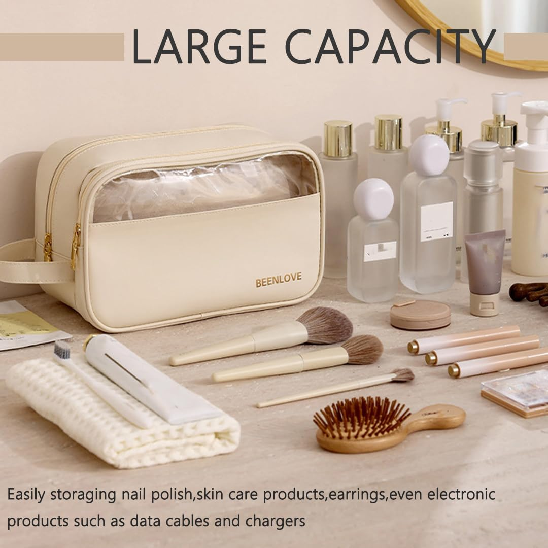 Portable Travel Waterproof Makeup Bag/Cosmetic Bag with Golden Zip for Women and Girls/Wide Open Cosmetic Organiser Made of PU Leather with Side Handle/Nail Polish & Makeup Brush, Navy, 25CM image number 5