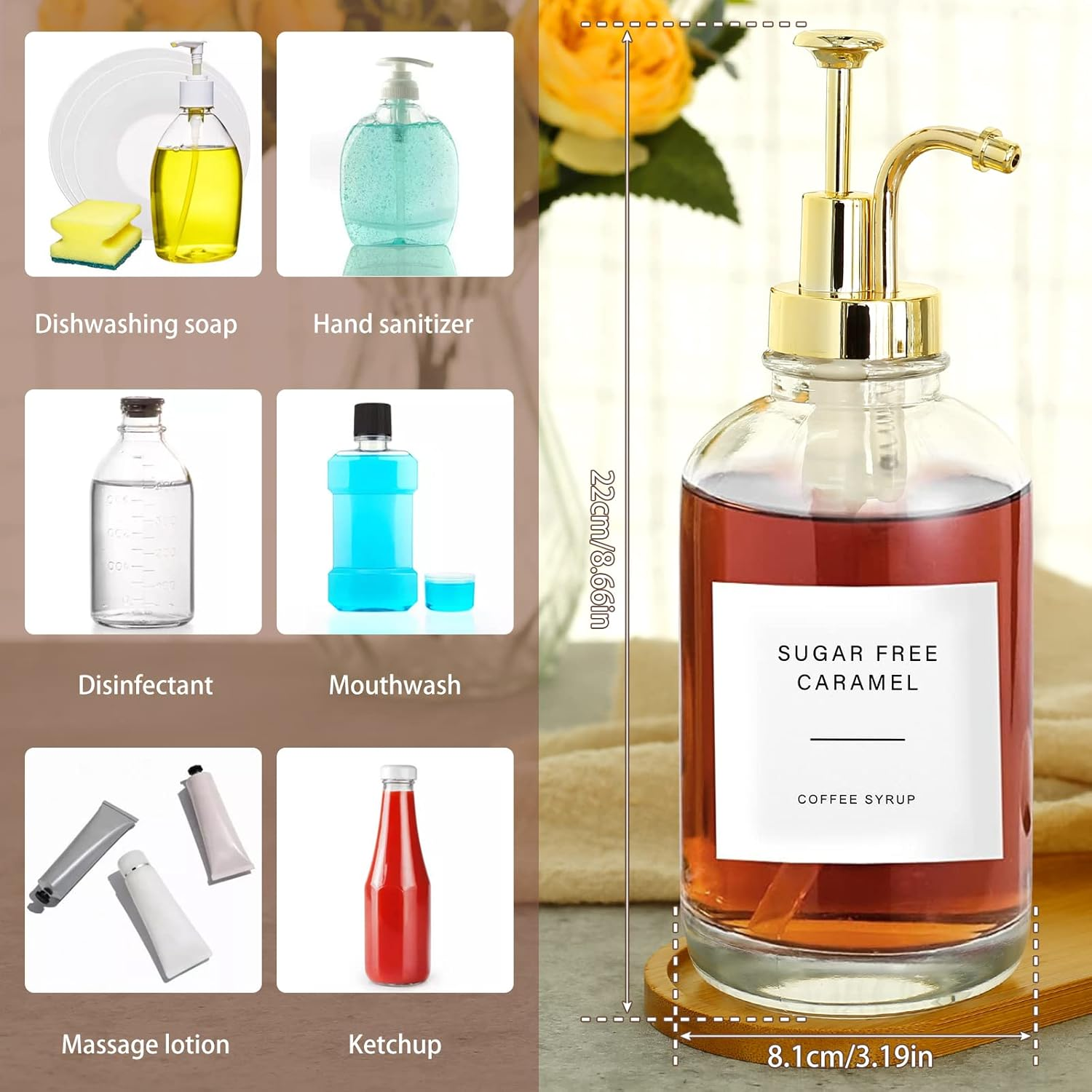 2 Pcs Glass Syrup Bottle with Pump-500Ml/16.9Oz, Dispenser Set with Bamboo Tray Labels Funnel, Clear Syrup Pump Dispenser, Bottle for Coffee Bar Home 3.2 X 8.7In (Gold) image number 4