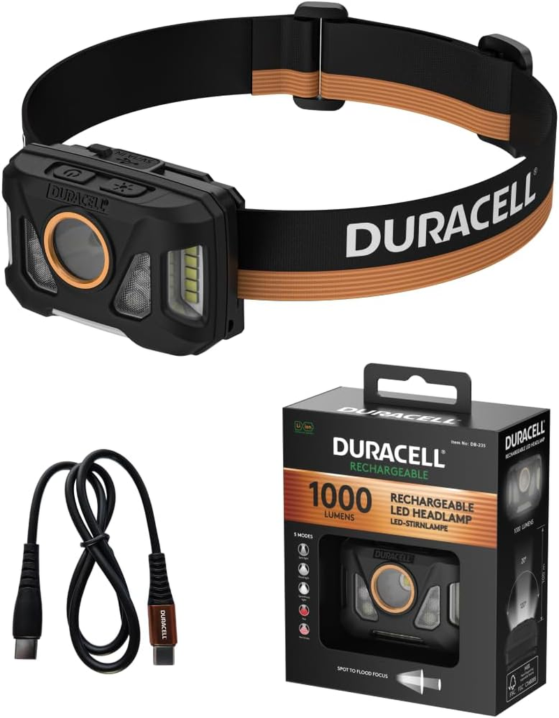 Duracell DH1000R Core LED Headlamp - 1000 Lumens, Focusable, 50 M Beam Range, Red Light Function, USB-C Rechargeable, Lithium Battery, Various Light Modes, Ergonomic, Splash-Proof image number 3