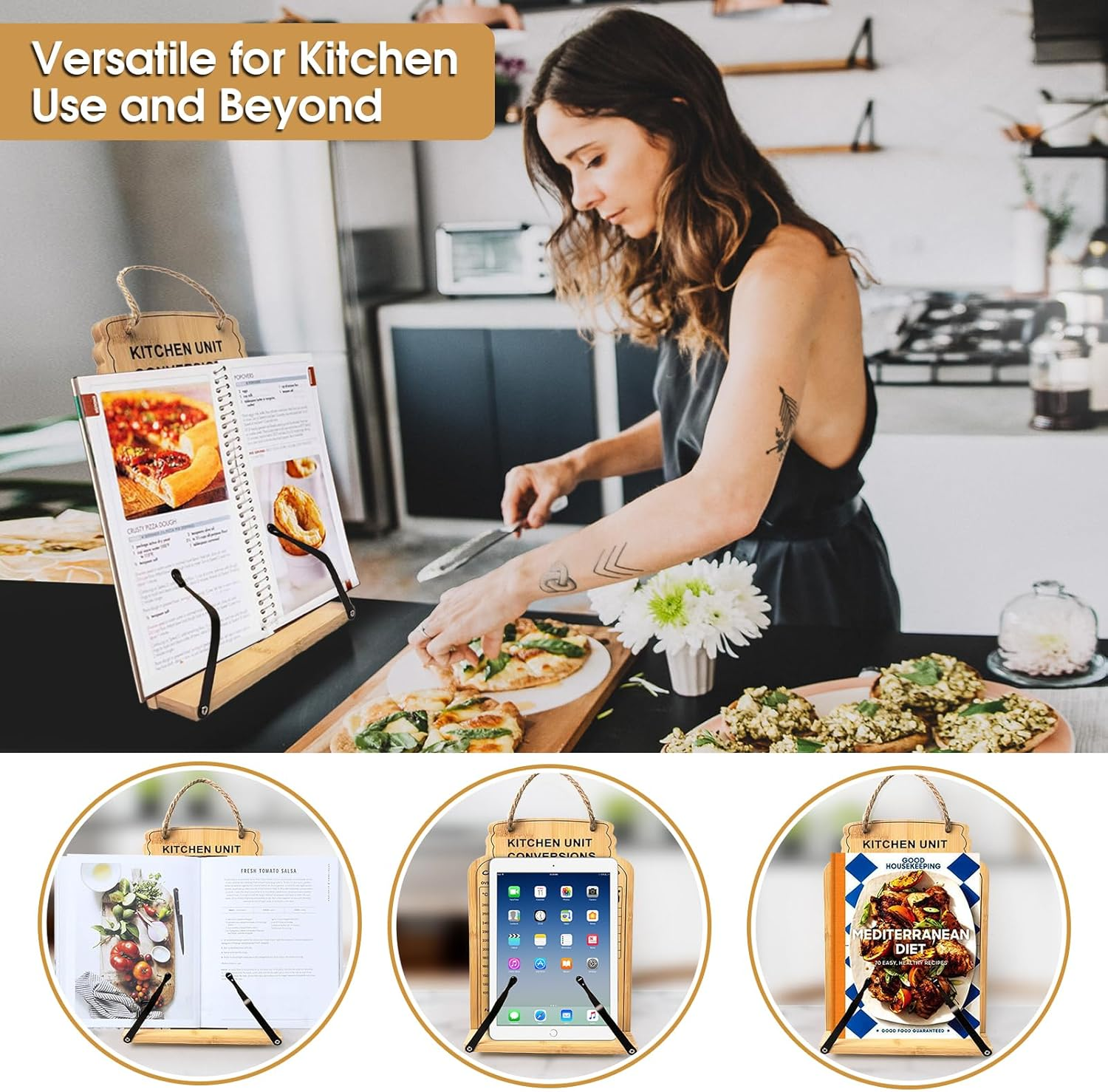 Bamboo Cookbook Stand,Recipe Book Stand with Measurement Conversion Chart,Foldable Cookbook Holder with Flexible Page Holder Clips,Adjustable Reading Holder Stand image number 5