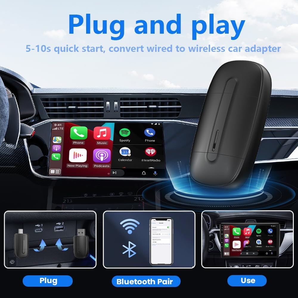 Wireless Carplay Adapter 2 in 1 for Iphone & Android，Car Accessories, Auto Convert Wired to Wireless Carplay, Black image number 6