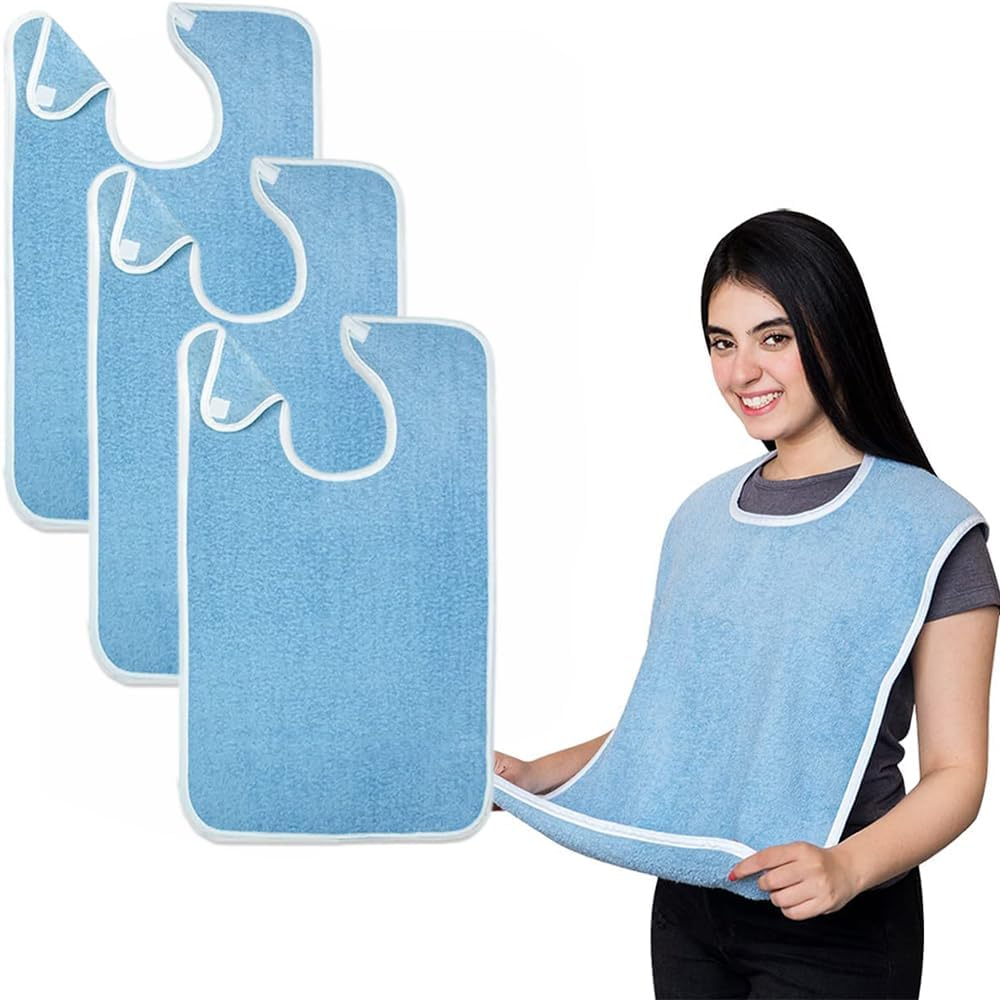 3 Pack Unisex Adult Bibs, Terry Bib Clothing Protectors, Washable Reusable Large Terry Cloth, Waterproof Bib for Eating Women/Men/Elderly image number 2