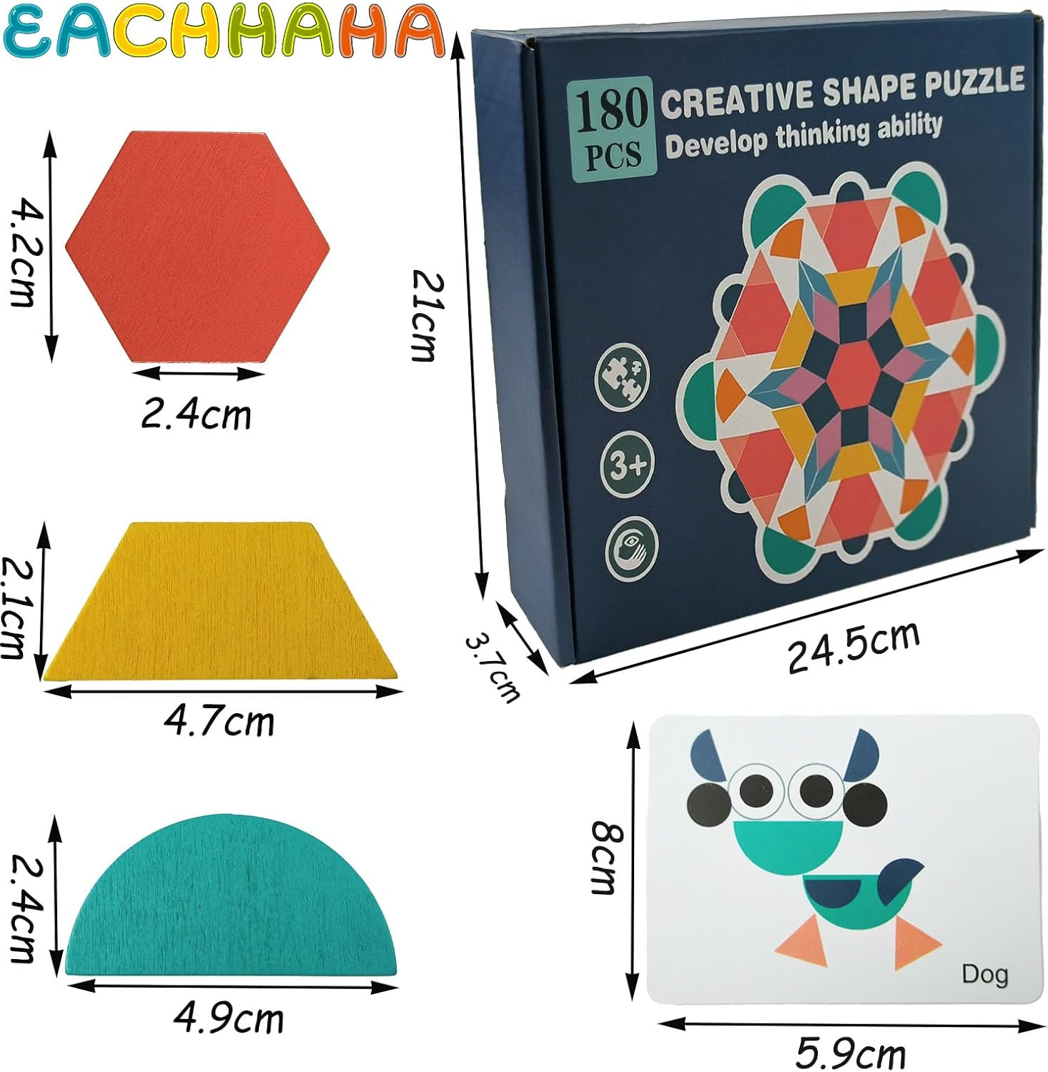 Wooden Pattern Blocks with Cards,180Pcs Tangram Shape Puzzle Set for Kids,Stem Educational Toys for Ages 4-8 image number 1