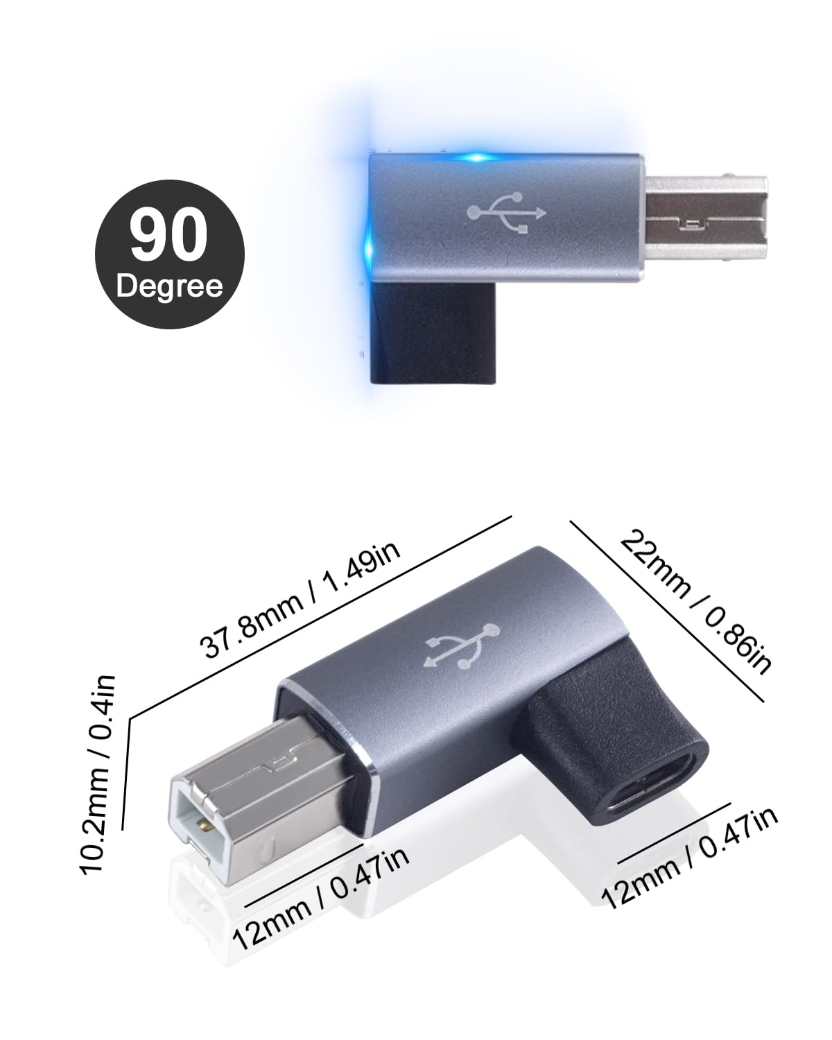 Danfetsoy 90 Degree USB C Female to USB B Male Adapter, 90 Degree Right Angle Type C Female to MIDI Converter, Suitable for Printer, Electric Piano, Laptops and More Type-C Devices (2Pack, Grey) image number 2