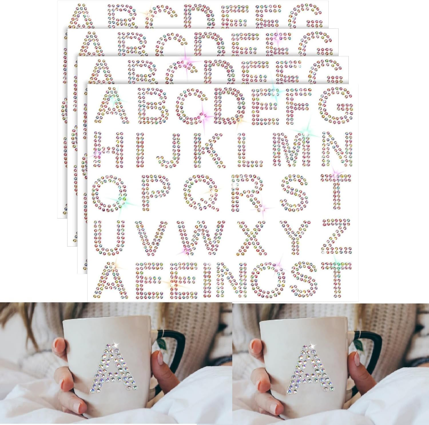 Wzenclave 6 Sheets Rhinestone Letters Stickers, Glitter Self Adhesive Diamond Alphabet Stickers Crystal Gem Border Sticker,Diy Decorative Self-Adhesive Sticker, Used for Suitcases, Books, Clothing