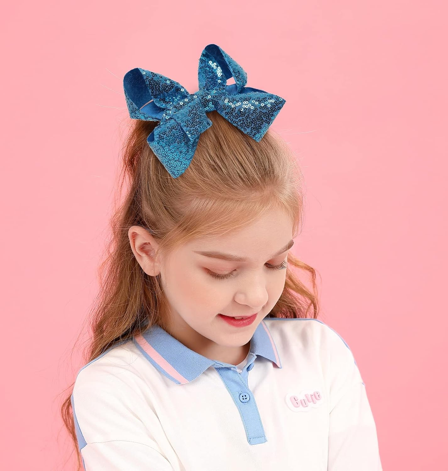 6 Inch Blue Sparkly Glitter Sequin Hair Bows for Girls Toddlers Kids Children Teenage (2PCS) image number 1
