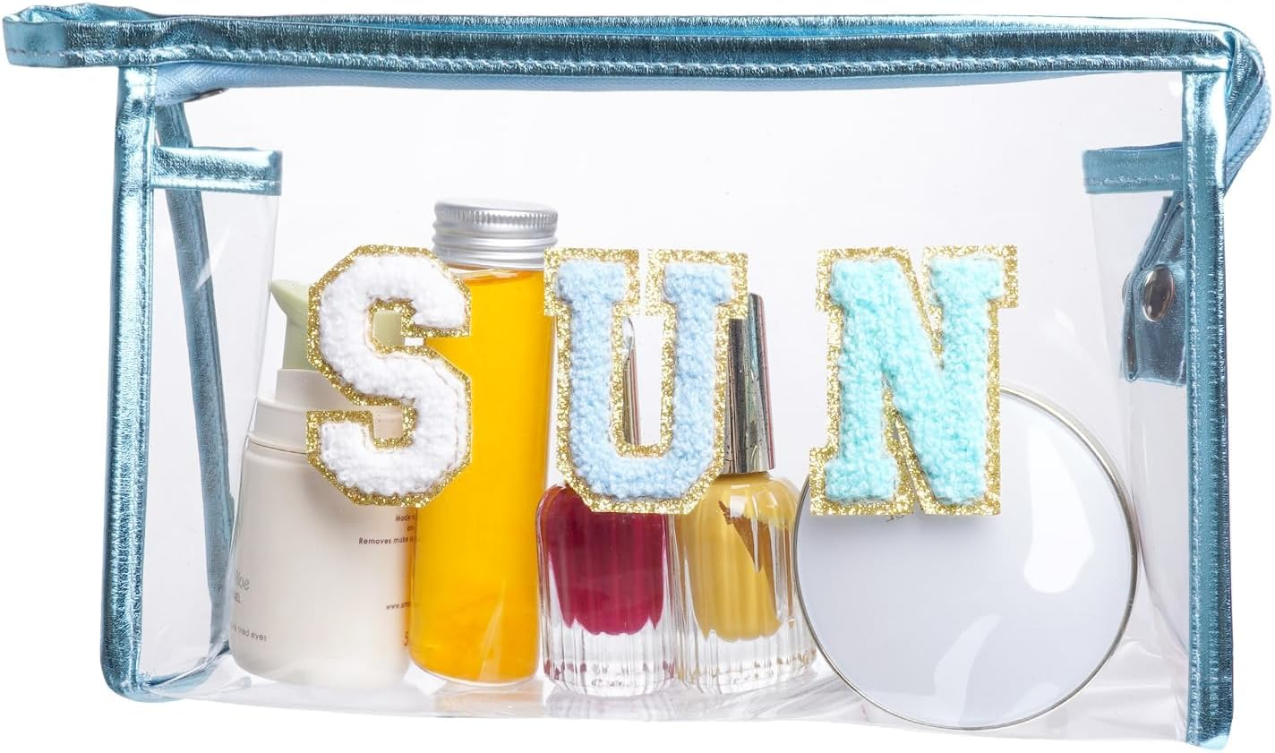 Clear Preppy Patch Makeup Bag, Sun Chenille Letter Bag for Beach, Clear Pouch with Zipper, Preppy Travel Bags Clear Cosmetic Toiletry Bag for Women Girls Teens (Blue) image number 6