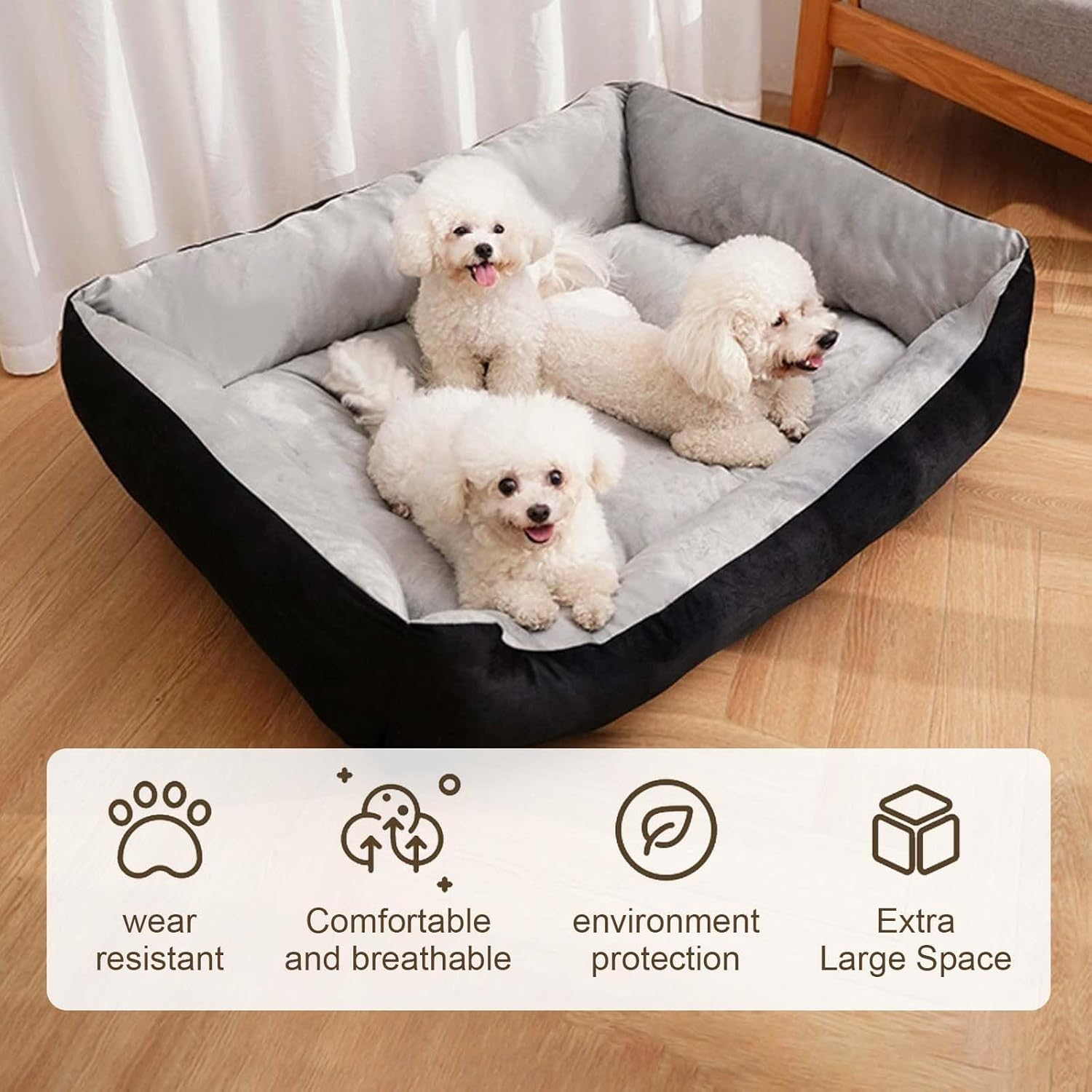 Dog Bed for Large Dogs, Fluffy Dog Bed, Washable, Soft Plush Dog Beds, Non-Slip Dog Basket, Dog Sofa, Pet Bed for Large Dogs and Cats, Black Grey, 90 X 70 Cm image number 6