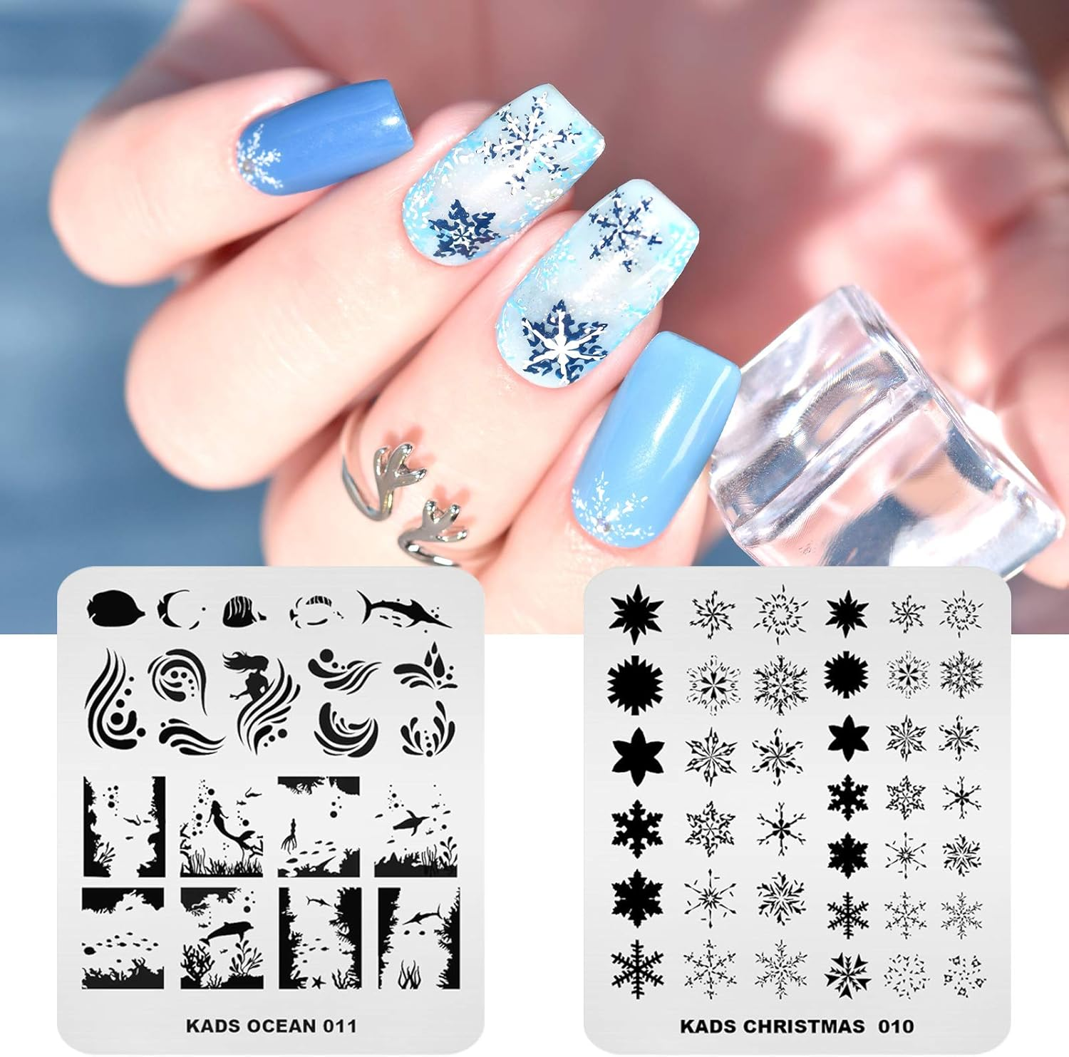 KADS 11Pcs Nail Stamp Plates Set 10 Plates Christmas Snowflakes Cute Animals+ 1 Laser Symphony Storage Bag Christmas Nails Art Stamping Plate Set Leaves Flowers Animal Nail Plate Template Image Plate image number 1