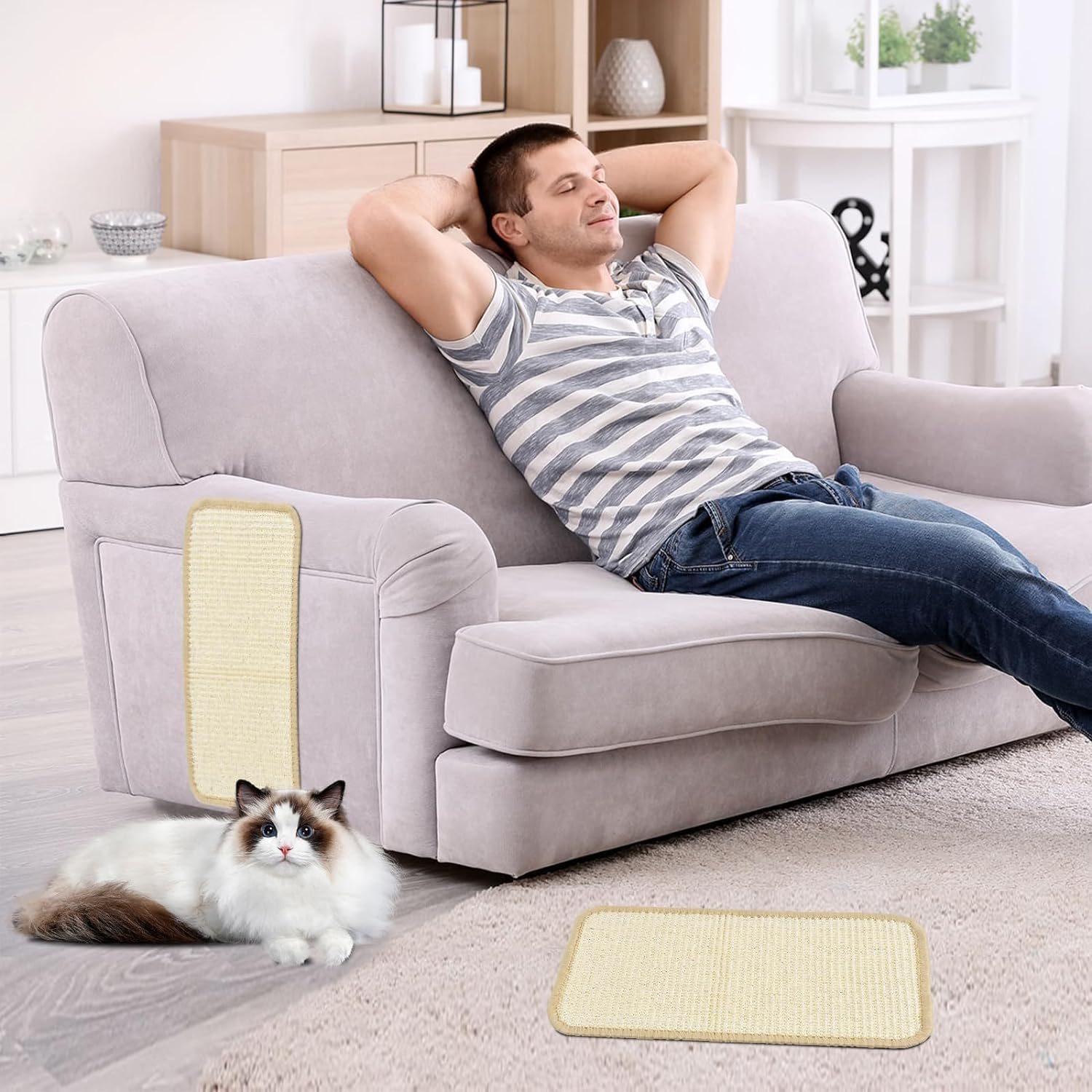 Pack of 3 Cat Scratching Mat 50 X 20 Cm, Natural Sisal Cat Scratching Pad with Adhesive Loop Tape, Cat Scratching Furniture Protective Rug + 1 Sisal Ball