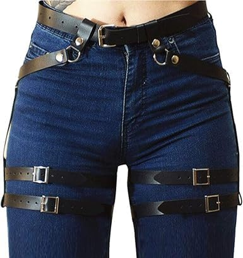 Women&rsquo;S Black Leather Body Chain Harness Garter Belt Adjustable Waist Leg Cincher Cage image number 4