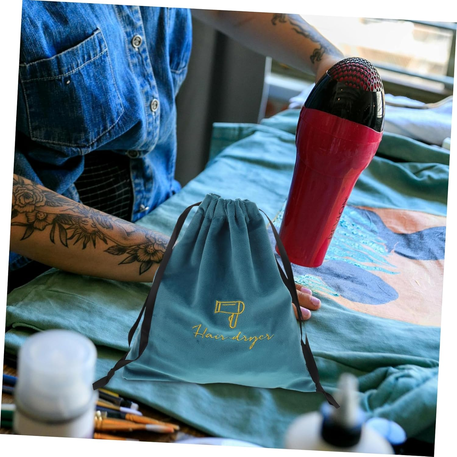 DONFAMDS Foldable Hair Dryer Bag Storage Case for Blow Dryer Pouch Drawstring Minimalist Design image number 5