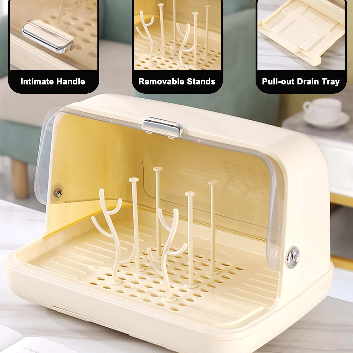 Baby Bottle Storage, Dustproof Baby Bottle Drying Rack, Bottle Dryer Holder with Cover Lid and Removable Drainboard, Bottle Rack Dryer for Kitchen Cabinet image number 1