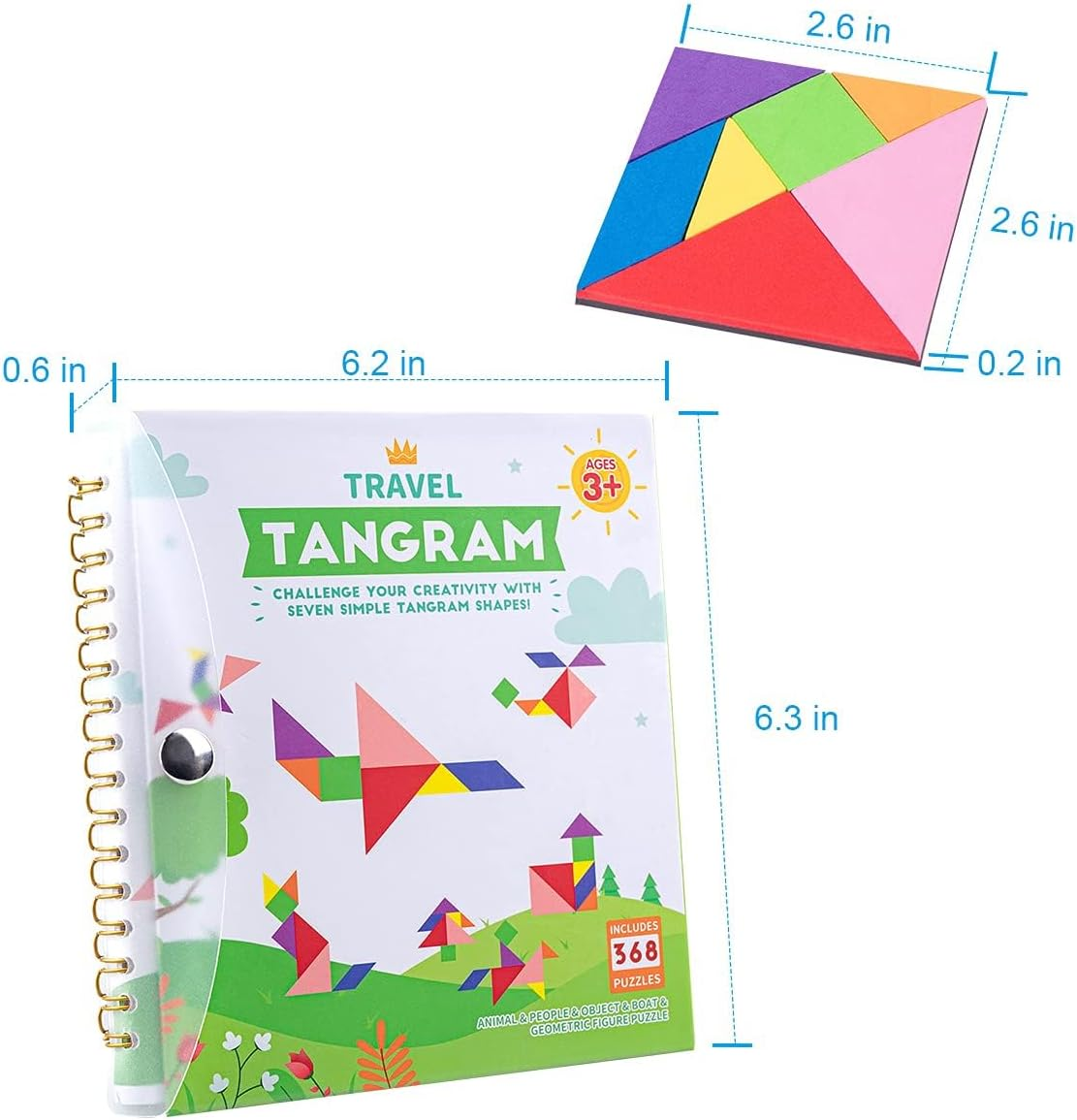 Vanmor Travel Tangram Puzzle with 2 Sets Magnetic Plate, Montessori Shape Pattern Blocks Jigsaw Road Trip Games with 368 Solution, IQ Book Educational Toy Brain Teaser Kids Adults Challenge