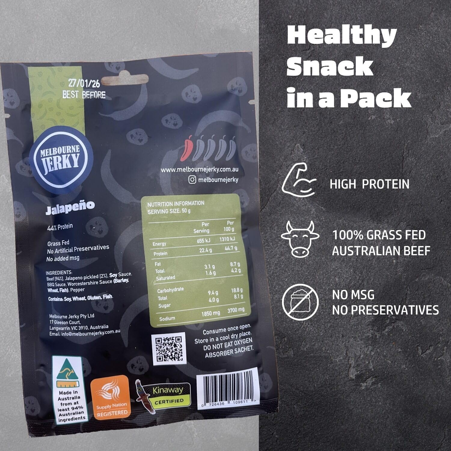 Melbourne Jerky, Premium Beef Jerky, MSA Grade, High-Protein Snack, Wholesome, Tender, Juicy, Flavourful, Australian Made, Ready-To-Eat, Healthy Snack Alternative, Jalapeno Flavour, 50G image number 2