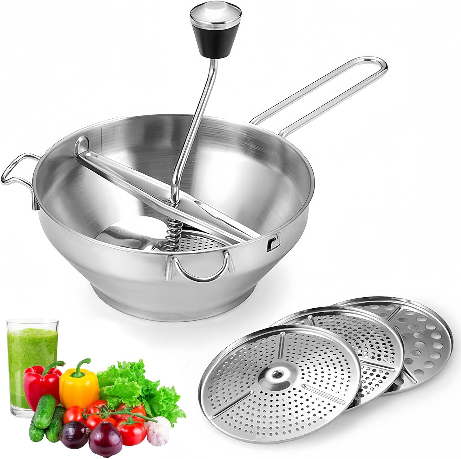 Food Mill Made of Stainless Steel with 3 Sieve Inserts, Jam Mill, Stainless Steel Vegetable Mills, Large Food Mill for Pressing Fruit, Vegetables, Tomatoes, Mashed Potatoes, Baby Food image number 2