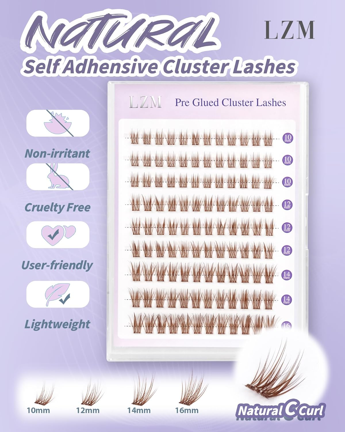 LZM Pre Glued Cluster Lashes Brown Self Adhesive Lashes Clusters Natural with Tweezers No Glue Needed Press-On Eyelashes Wispy Eyelash Extensions DIY at Home 10Mm 12Mm 14Mm 16Mm (YS10) image number 1