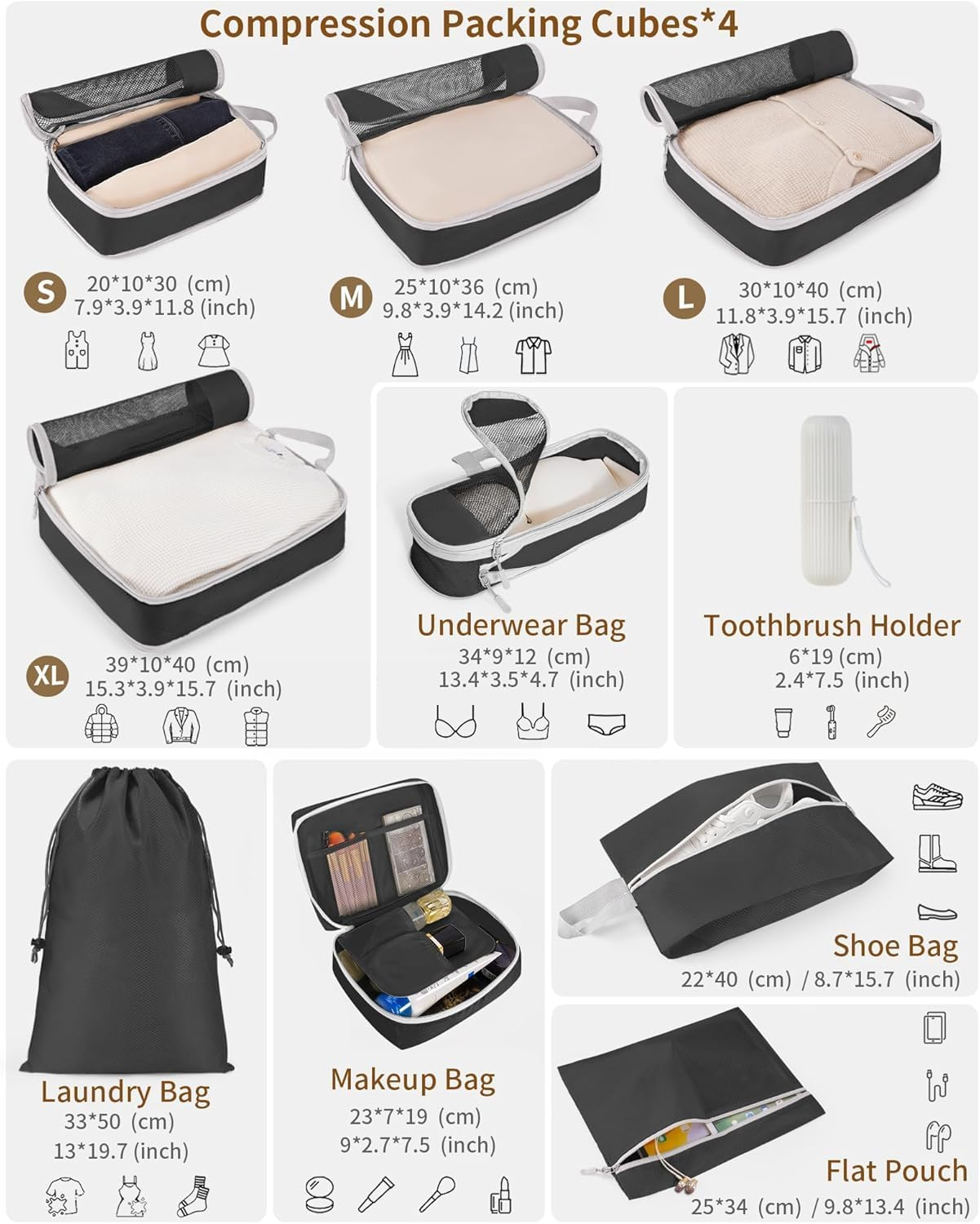 Compression Packing Cubes for Carry on Suitcases, 10 Set Compressible Packing Cubes for Travel Essentials, Collapsible Expandable Storage Organizer Bags for Luggage Backpack, Black - Grey image number 3