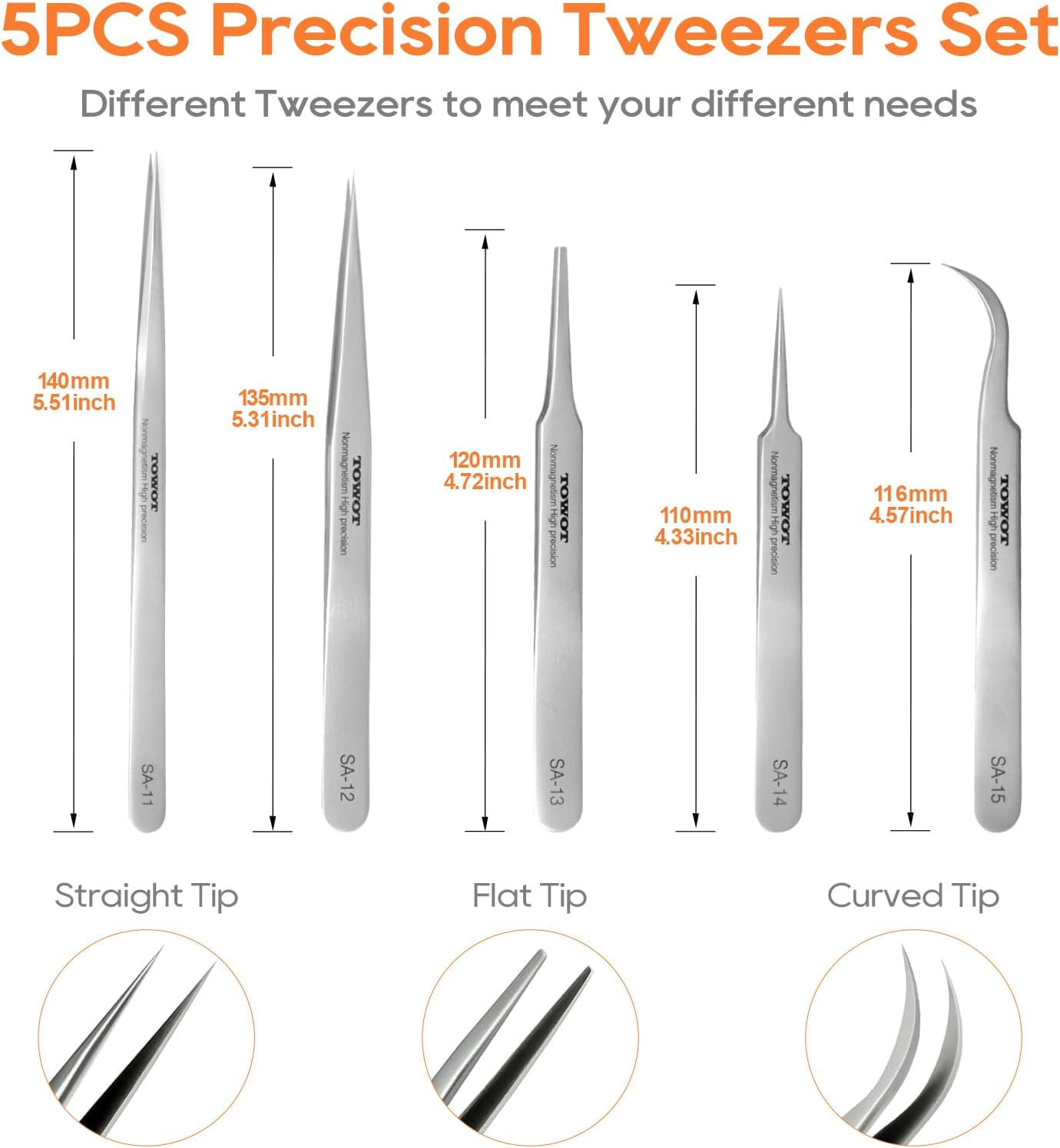 TOWOT Precision Tweezers, Stainless Steel Pointed Tweezers for Craft, Electronics, Soldering, Experimental Work, Jewelry-Making, Non-Magnetic Industrial Tweezers image number 6