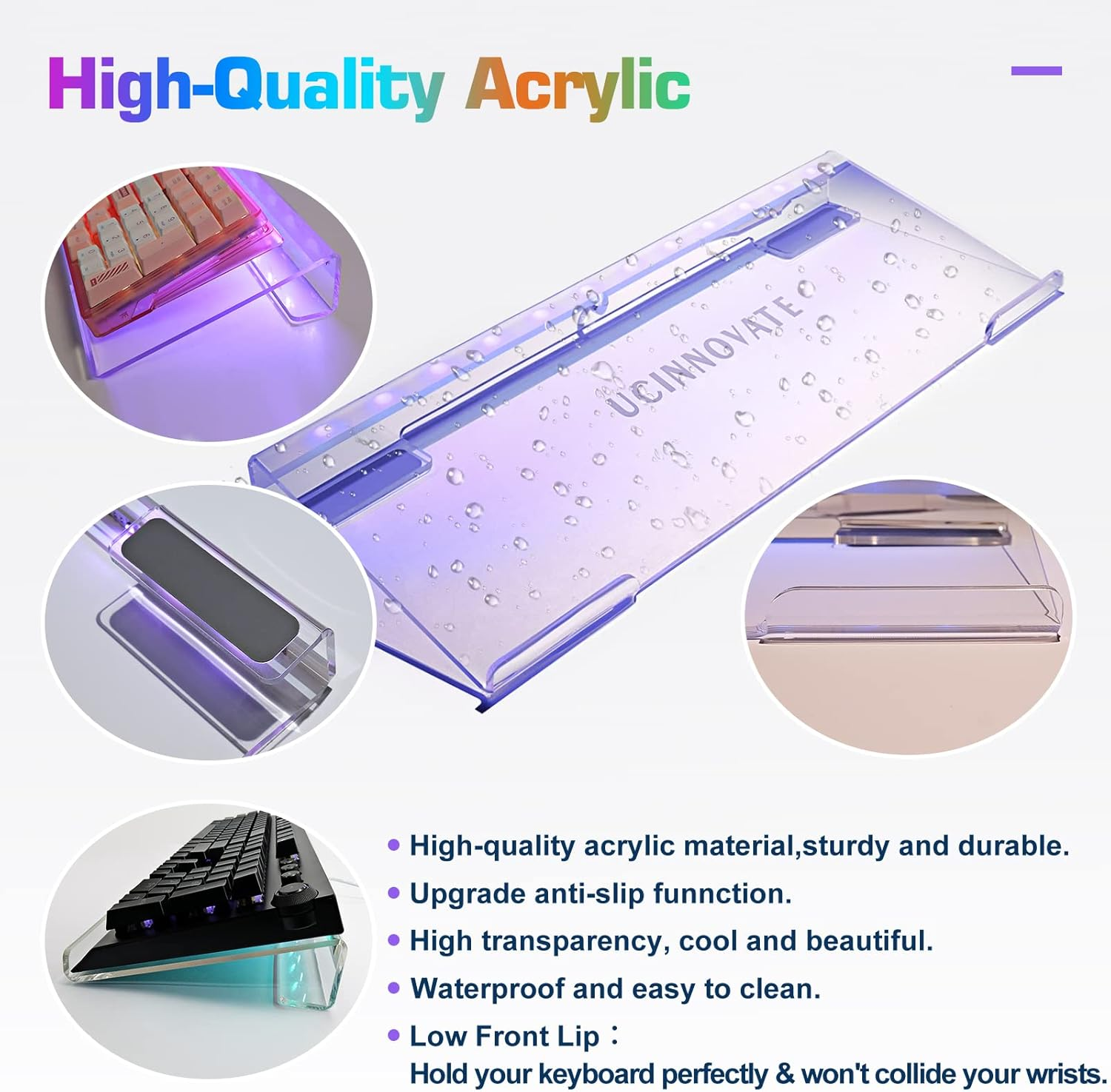 UCINNOVATE RGB Acrylic Computer Keyboard Stand, LED Backlit Keyboard Stand Tray, Gaming Keyboard USB Interface Titled Keyboard Stand for Easy Ergonomic Typing and Working Office Desk, Home, School