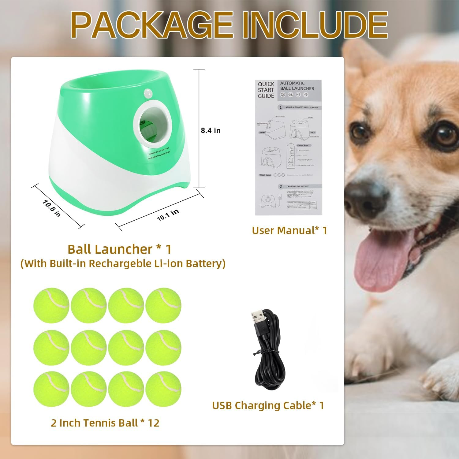 Automatic Dog Ball Launcher - Fetch Machine for Small Dogs, 3 Launch Distances, 12 Balls, Rechargeable (Green) image number 3