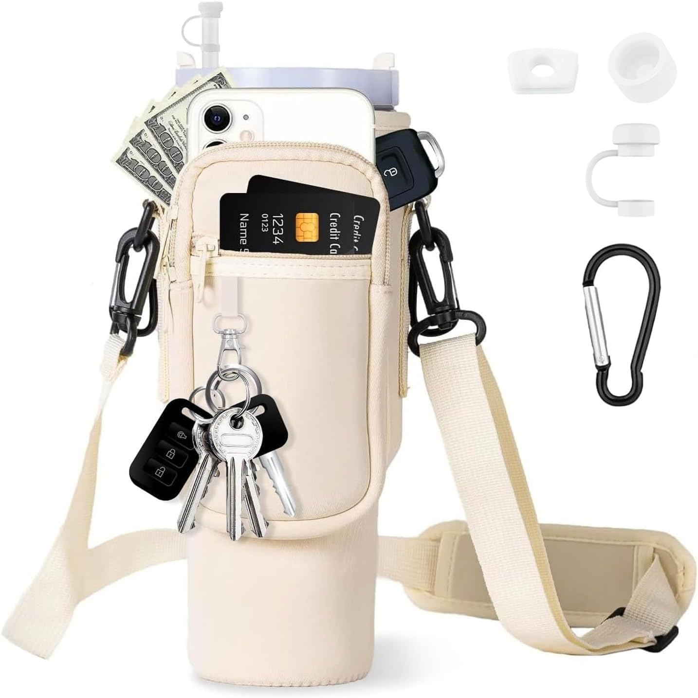 AIROLDI Bag for Stanley Cup 1.2 L / 40 Oz Stanley Cup Accessories, Water Bottle Carry Bag with Mobile Phone Pocket, Carabiner and Adjustable Shoulder Strap, for Travel, Hiking, Running, Cycling
