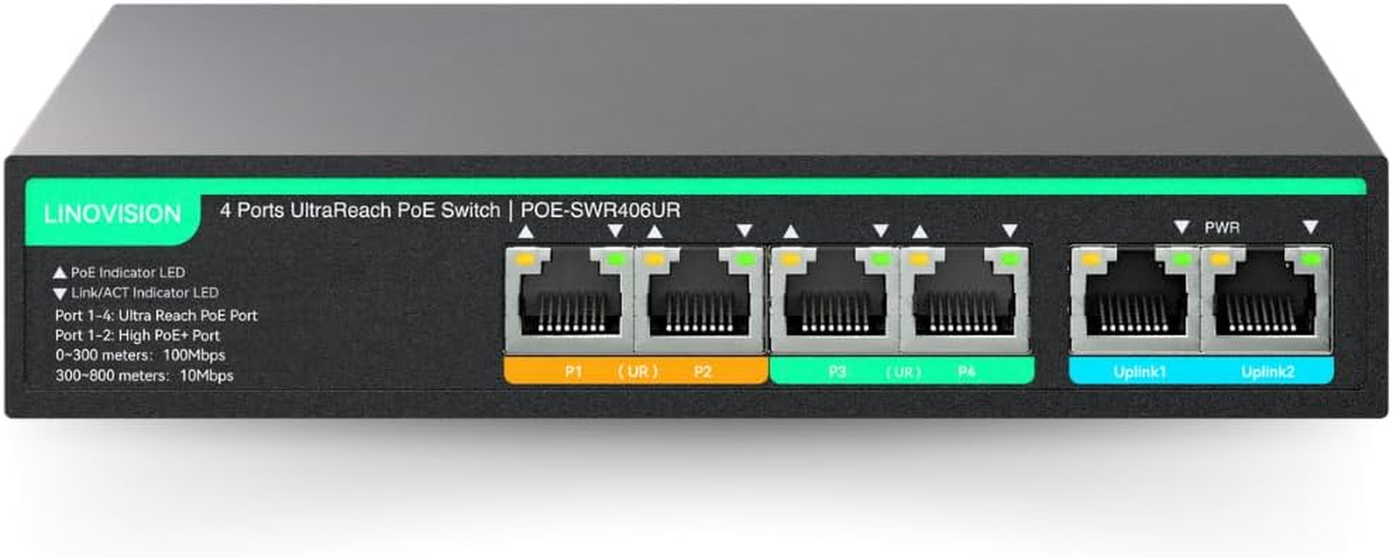 LINOVISION 4 Ports Ultrareach Poe Switch with Remote Cloud Management, up to 800M Long Range Poe and Data Transmission, 2 High-Poe+ Ports for Big PTZ Cameras image number 2