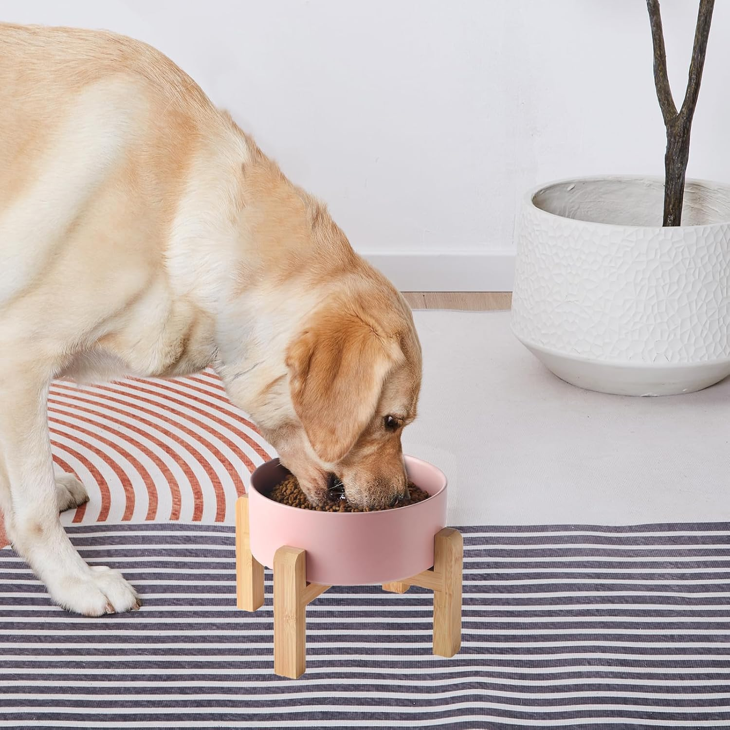 6'' Ceramic Raised Dog Bowl - 30Oz Dog Food & Water Bowl with Elevated Non-Slip Bamboo Stand, Dishwasher & Microwave Safe, anti Vomiting Heavy Duty Pet Bowl for Small and Medium Dogs, Pink image number 5
