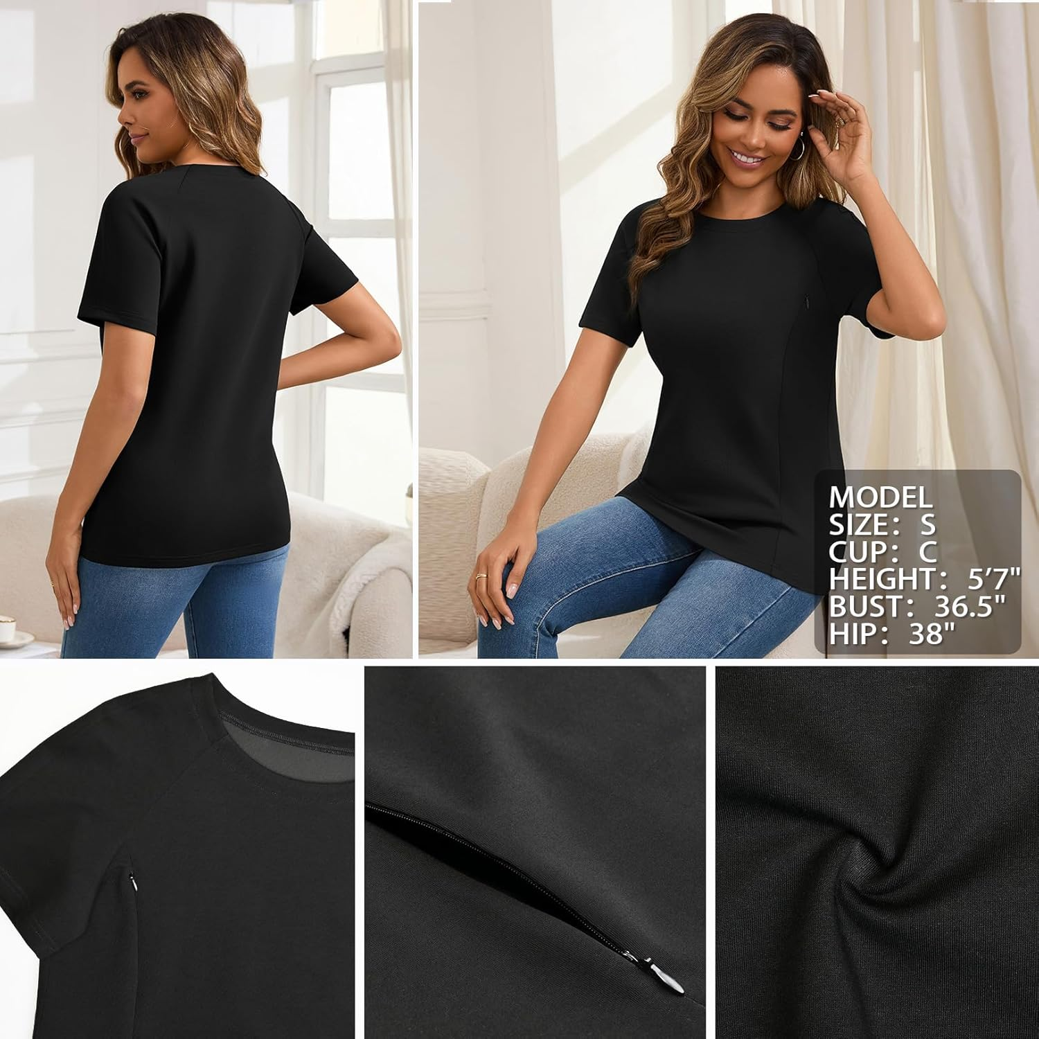 GINKANA Nursing Tops Breastfeeding Tshirt for Women Mama Zipper Distressed Loose-Fit Tee Pregnancy Clothes image number 4