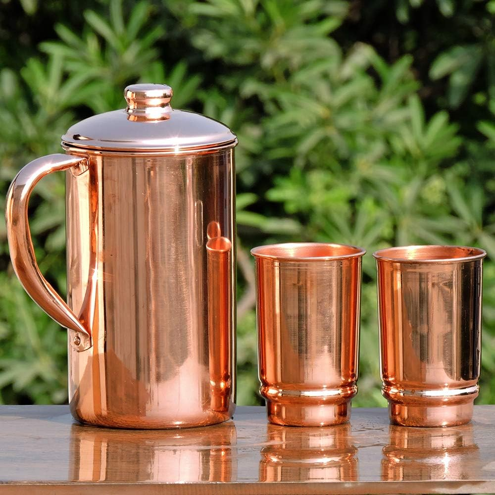 Healthgoodsau - Pure Copper Water Jug with 2 Copper Tumbler | Copper Pitcher and Tumbler for Ayurveda Health Benefit image number 6