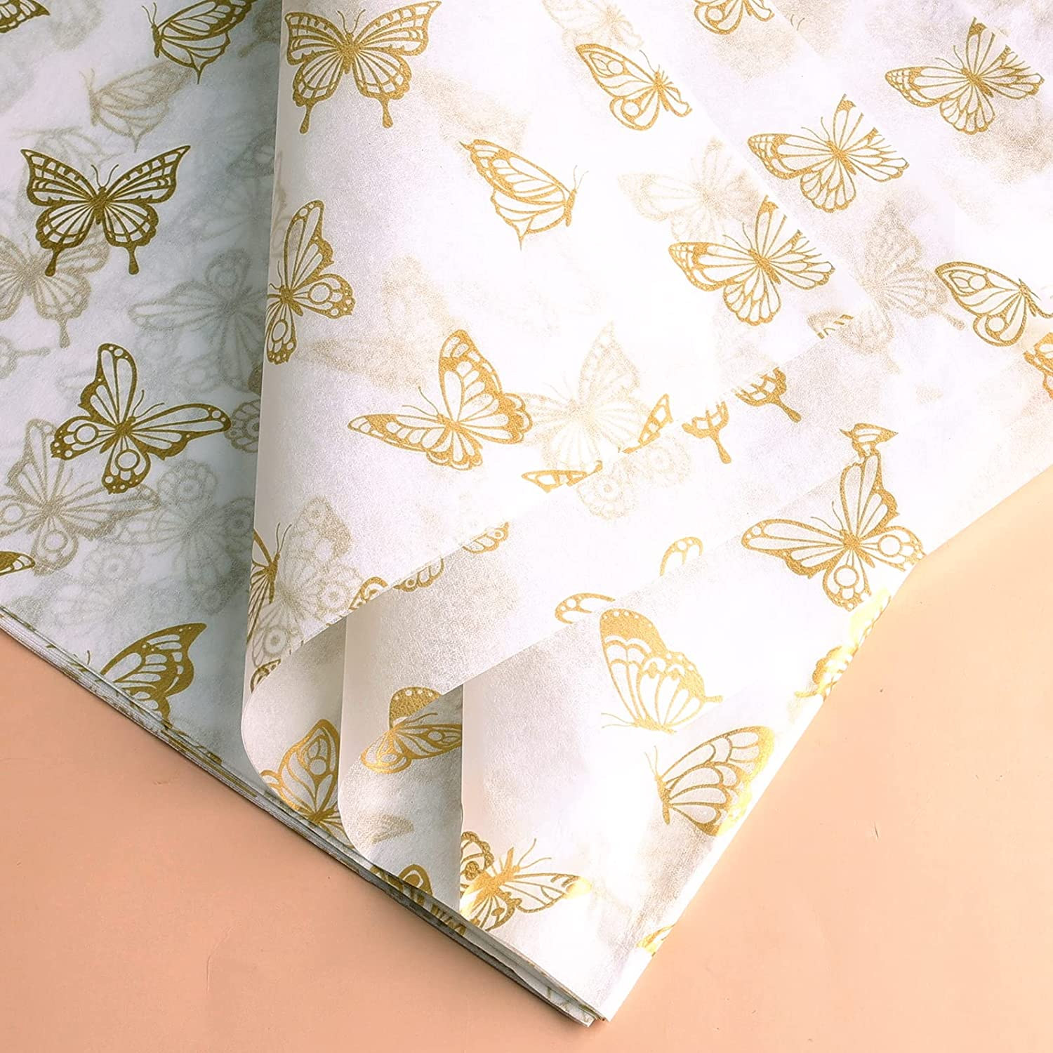 KINBOM 30Pcs 14X20Inch Golden Butterfly Tissue Paper Sheets, Gold Wrapping Tissue Paper Bulk for Packaging for Christmas Wedding Birthday Party Baby Showers DIY Crafts Arts (White Background) image number 1