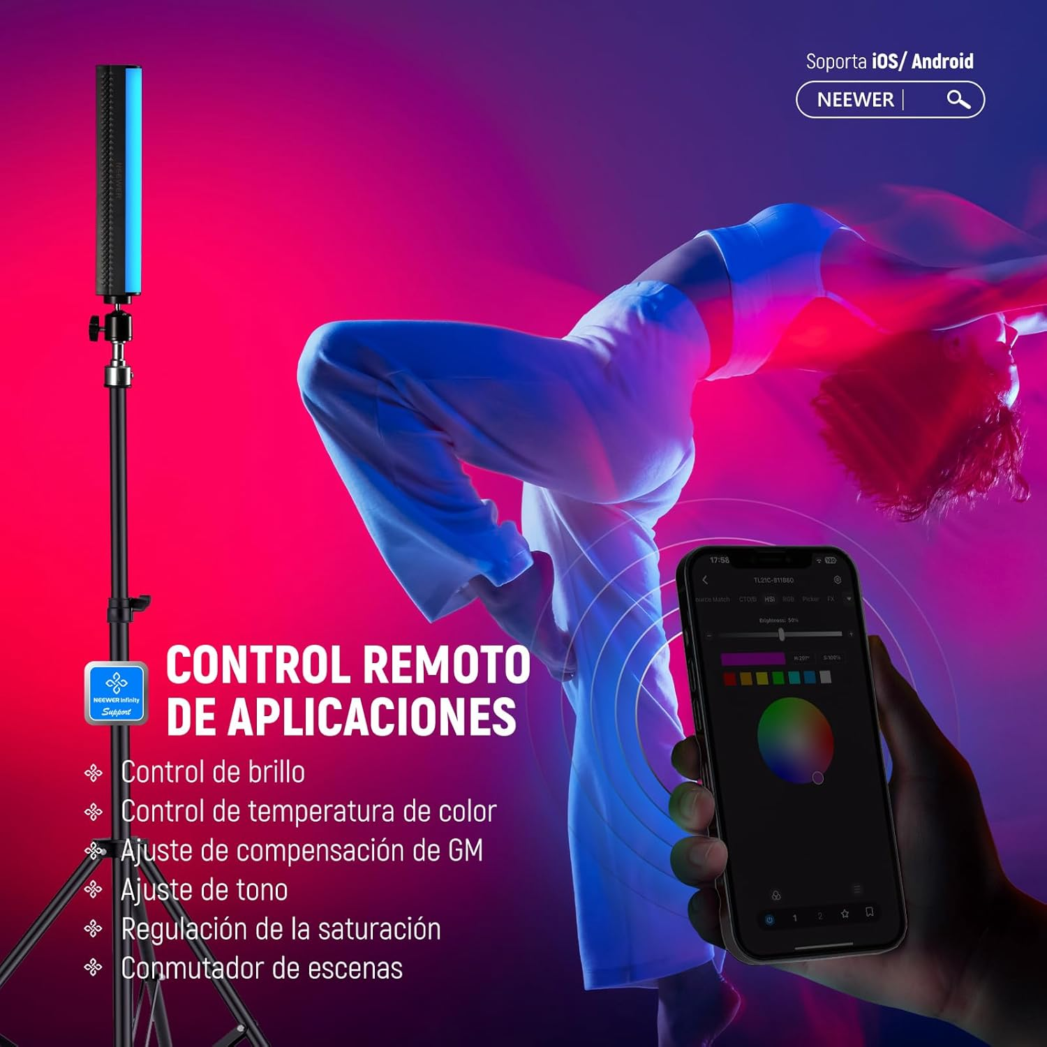 NEEWER RGB Light Wand with APP Control, Magnetic Handheld Photography Video Light Stick,2500K~8500K Dimmable CRI95+ Full Color LED Tube Bar with 2550Mah Battery, 17 Light Scenes for Vlog, TL21C image number 2