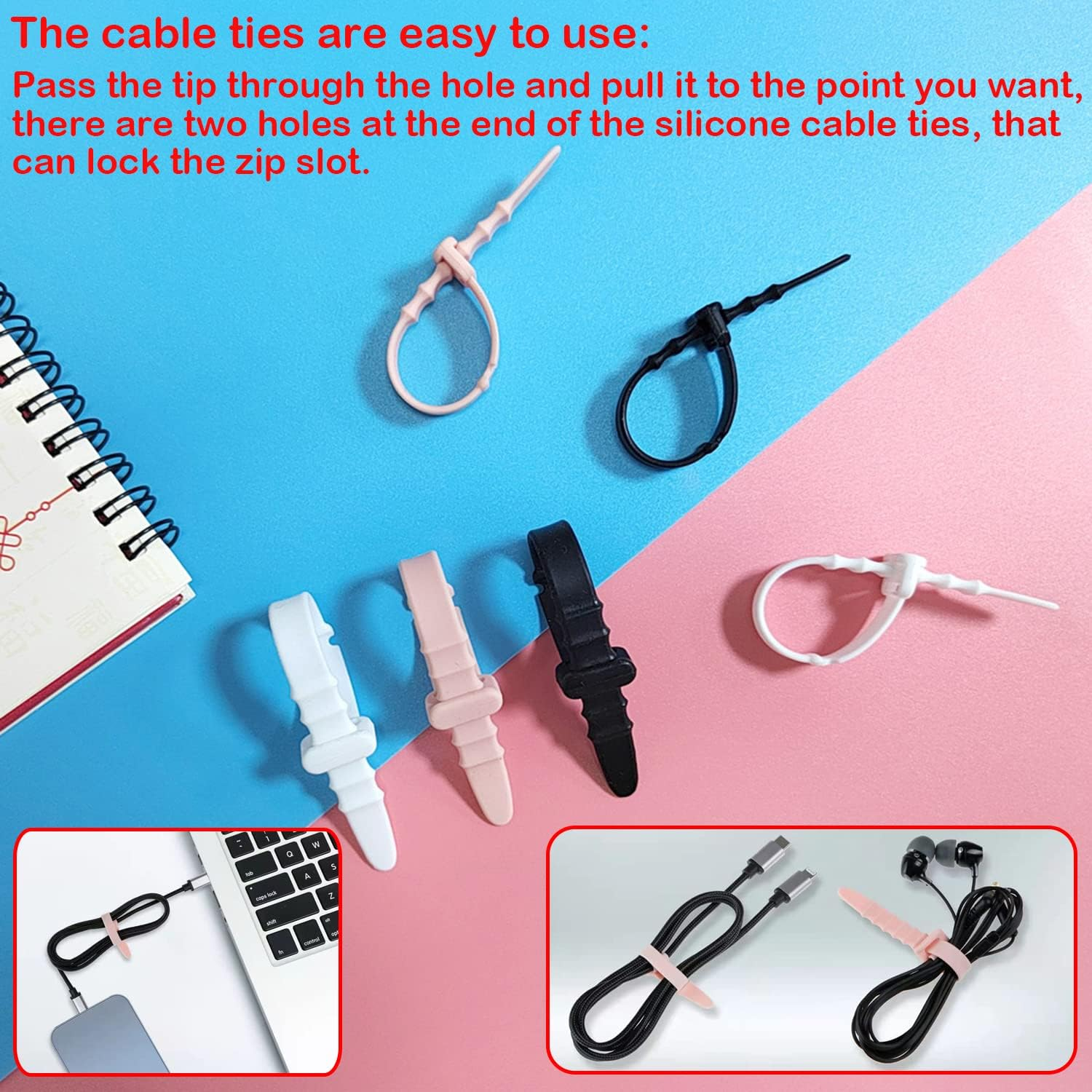 Taicols Zip Ties, 20 Pcs Reusable Silicone Cable Ties, Adjustable Strap Wire Management, Cable Organiser Straps, Cable Straps for Wire, Elastic Cable Organizer for Home Office Table Desk(5 Colors) image number 1