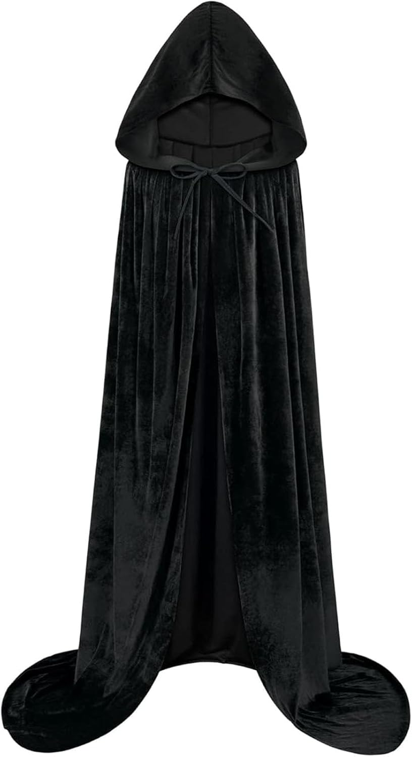Halloween Velvet Hooded Cloak for Women & Men - Witch Vampire Wizard Cape Costume with Long Hooded Cape - Halloween Cosplay, Renaissance Fair, Medieval Gothic Robe (Black)