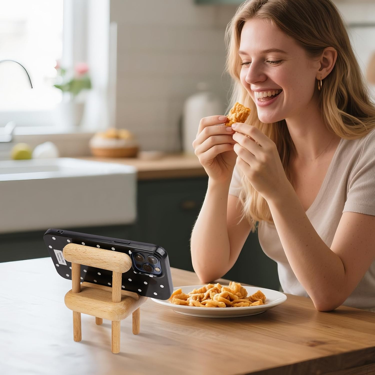 2 Pack Cell Phone Stand, Wooden Chair Holder for Desk, Angle Adjustable Desktop Phone Holder, Mini Wooden Chair, Portable Cellphone Cradle Desktop Dock for All Mobile Phones