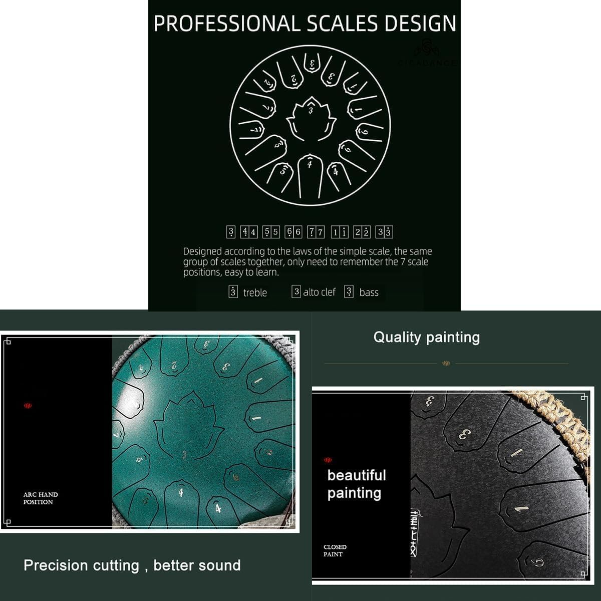 Steel Tongue Drum 13 in 15 Notes Tongue Drum, D Major, Outdoor Rain Drum with Carry Bag, Music Book and Hand Drumsticks (Green) - Blue image number 7