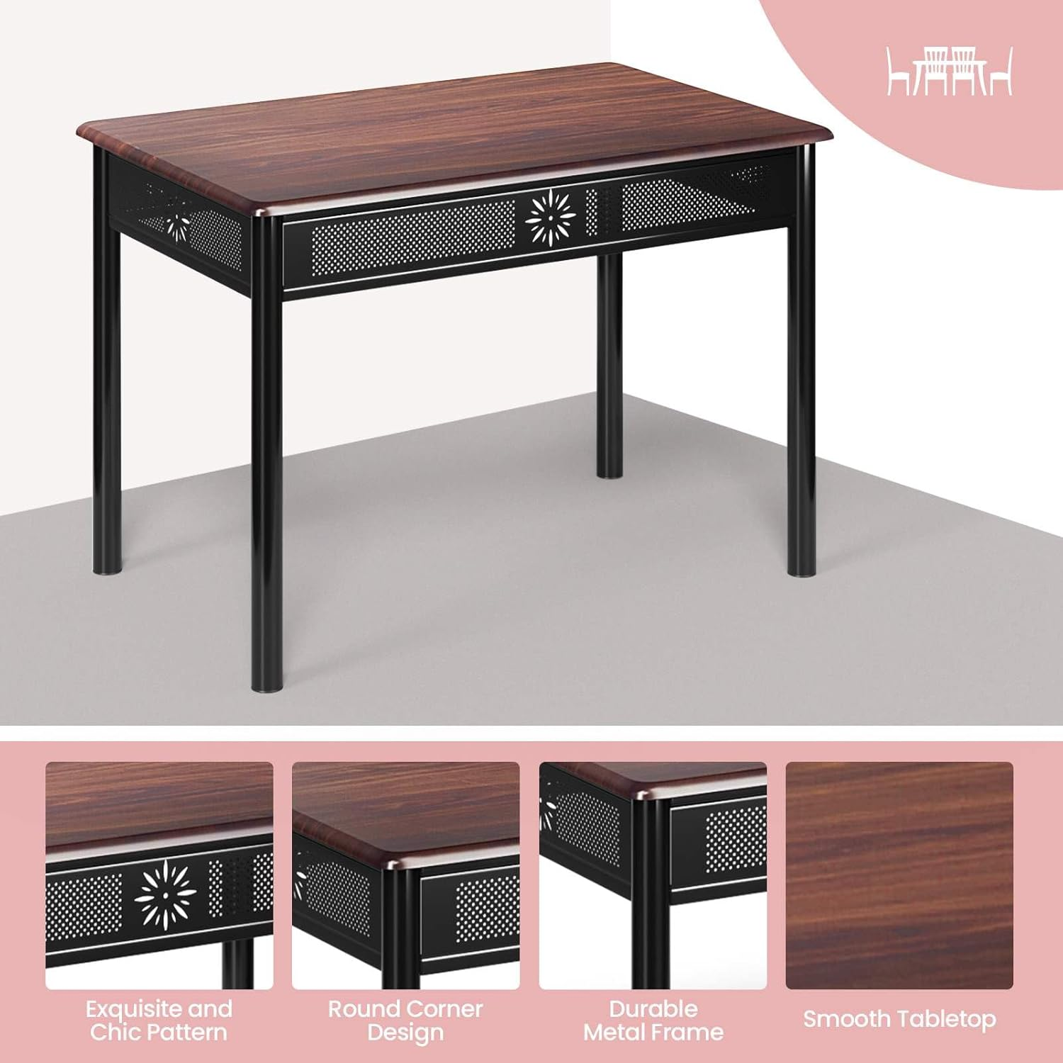 Costway 5 Pieces Dining Table Set, Modern Kitchen Table Set for 4 Person, Rectangular Table W/ 4 Upholstered Chairs, Bistro Table Set for Home, Coffee Shop & Restaurant (Coffee) image number 6