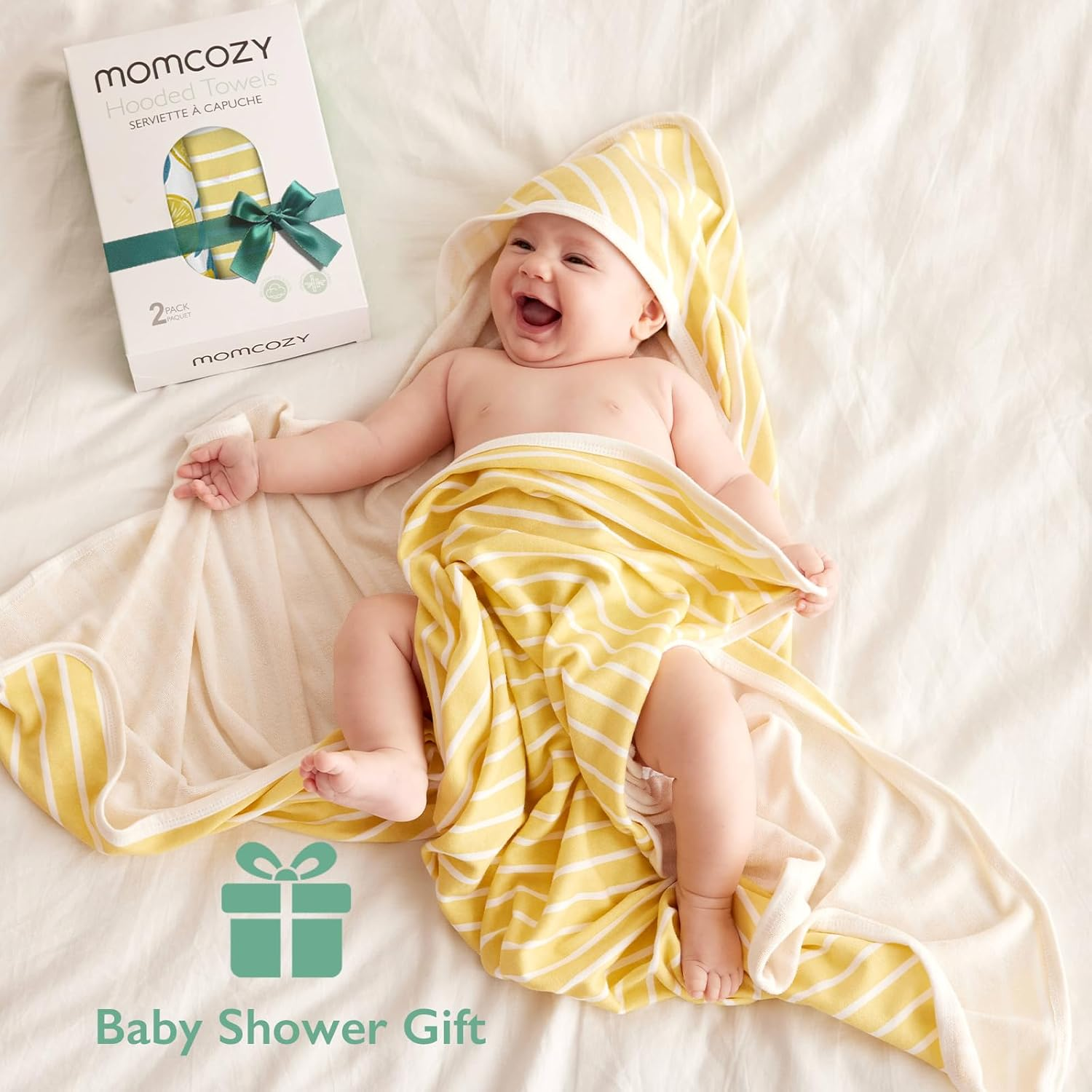 Momcozy Baby Hooded Towel, 2 Pack Baby Towel Set, Super Soft Bath Towel with Original Design, Shower Gifts for Infant, Toddler (28 X 28 Inch, Lemon Leaves) image number 5