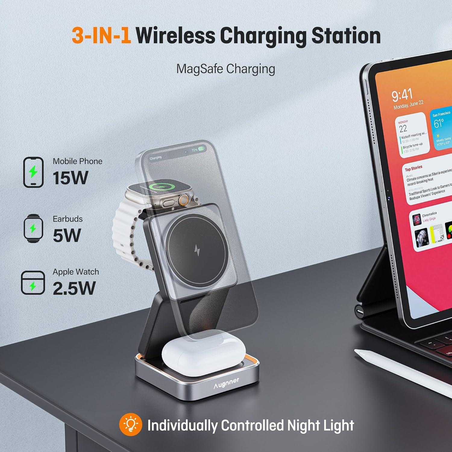 【2025 Upgraded】Magnetic Wireless Charger 3 in 1, Travel Foldable Wireless Charging Station with Night Light for Apple Magsafe Charger, Nightstand Fast 15W Charging Station (20W Adapter) image number 5