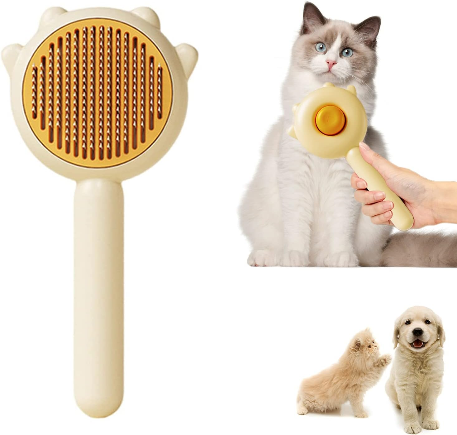 Vingtank Pet Hair Cleaner Brush, Hair Brush for Cats and Dogs, Self Cleaning Slicker Comb for Kitten, Removes Tangles Loose Fur (Yellow, Hair Type: Thin, Thick, Curly)